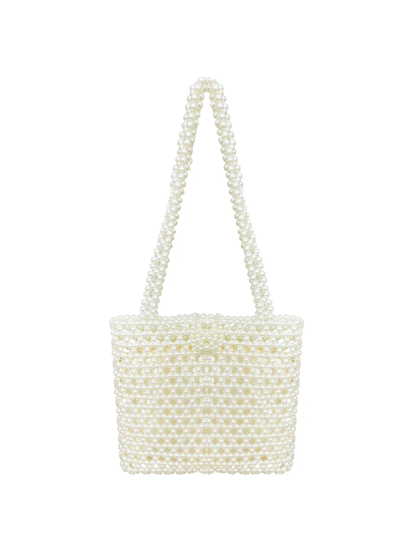 Borsa a Spalla Vintage Elegante in Finta Perla Artificial Fatta a Mano Per Donna Borsa Tote Intrecciata Traforata Stile Socialite Bianca