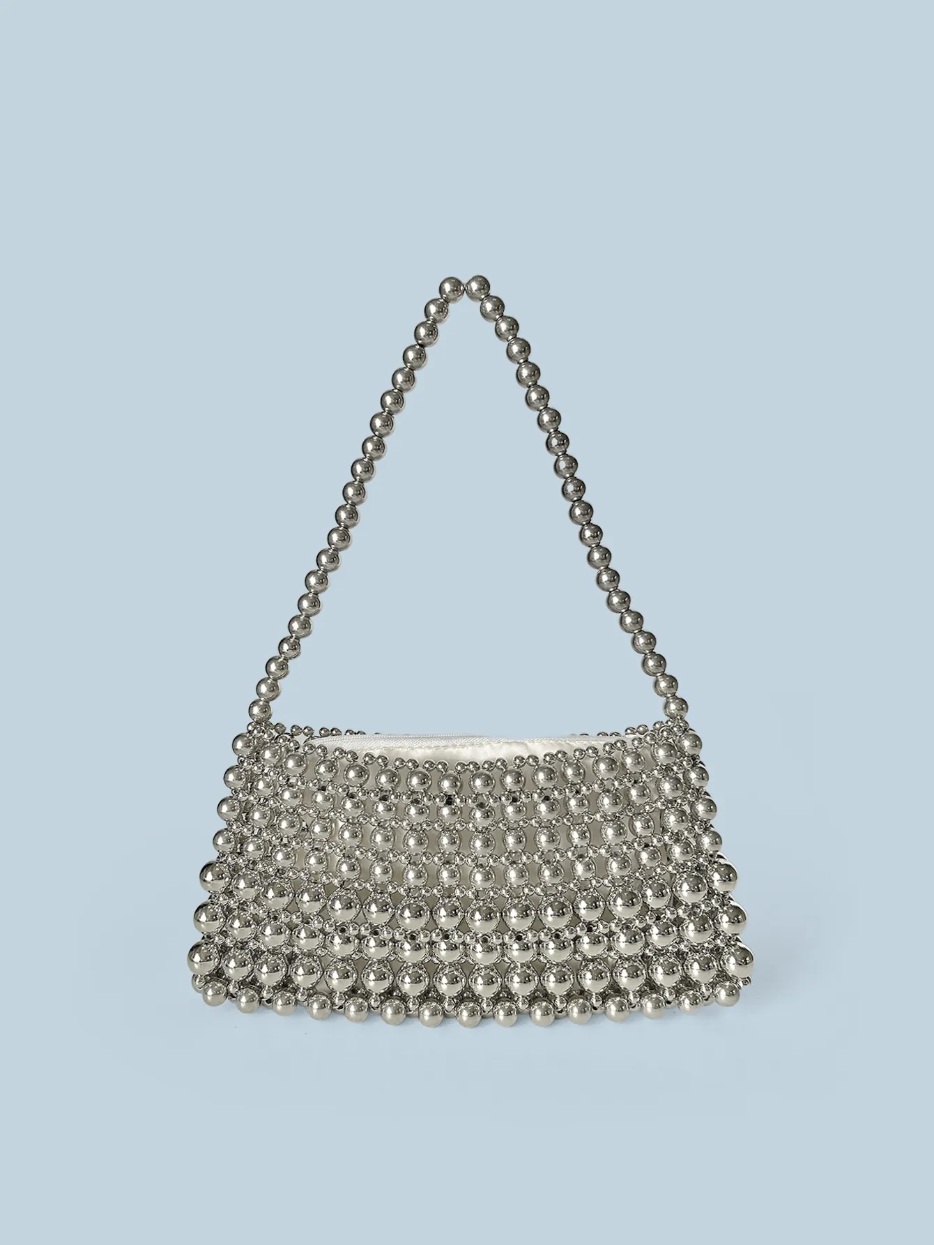 Handmade Silver Beaded Handbag For Women Vintage Metallic Acrylic Woven Shoulder Bag Evening Party Wedding Small Zipper Purse