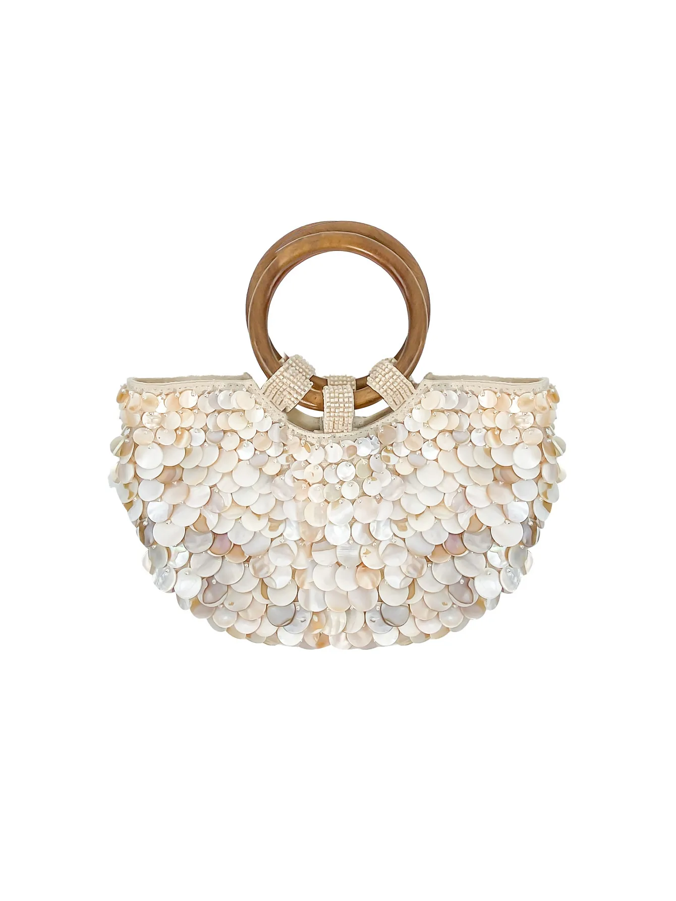 Sac à Main Bohème à Sequins Coquillage Poignée Anneau en Bois Vintage Demi-Lune Crème Beige Tissé Perlé Vacances Été Soirée