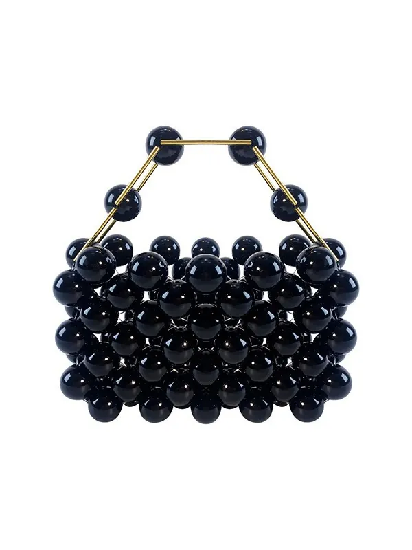 Handmade Acrylic Beaded Handbag Faux Artificial Pearl Mini Purse Elegant Hollow Out Evening Bag Gold Metal Handle Geometric Style