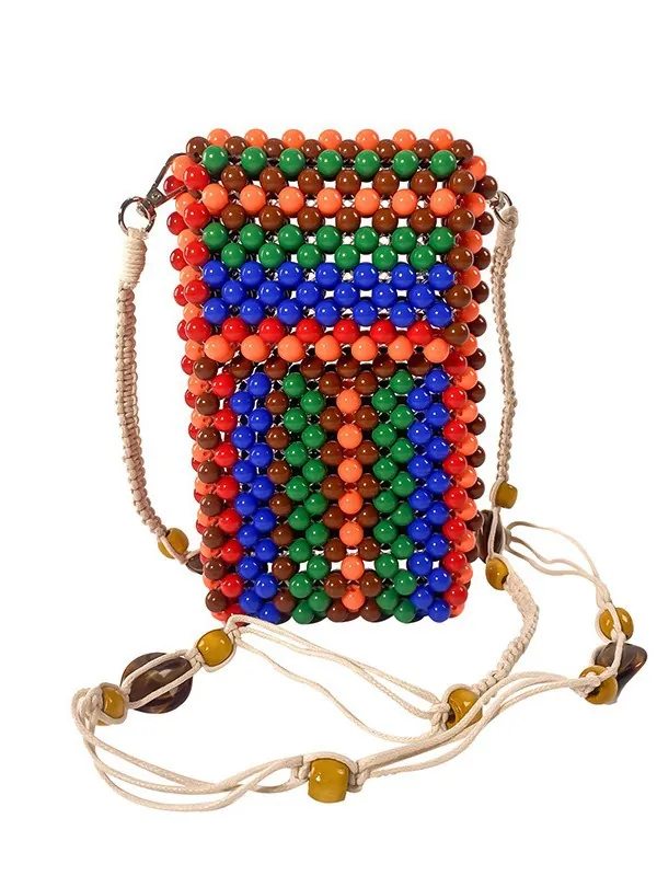 Handmade Beaded Phone Crossbody Bag Bohemian Ethnic Style Woven Acrylic Summer Vacation Travel Small Pouch Women