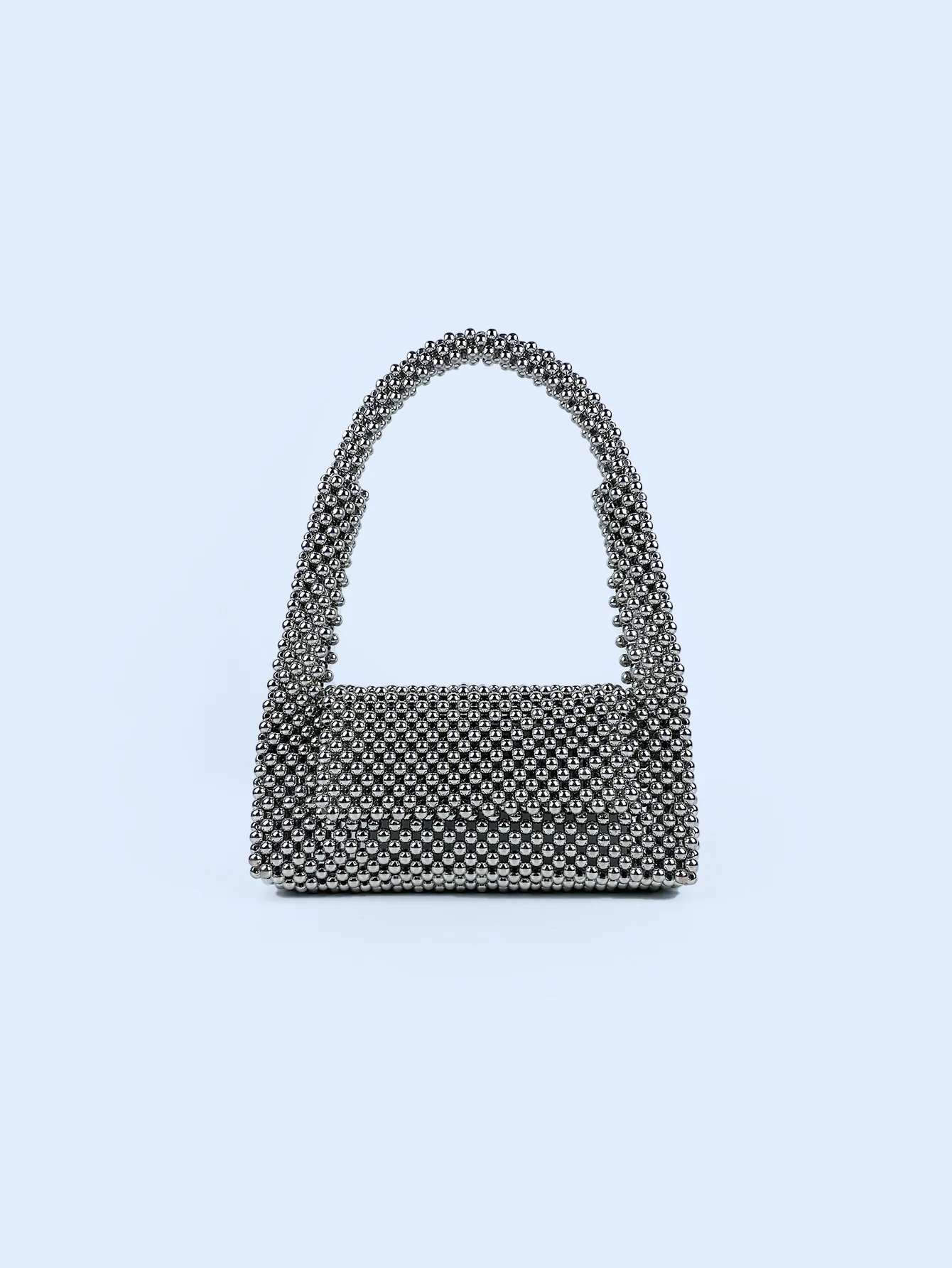 Handmade Beaded Handbag Silver Metallic Shiny Acrylic Baguette Bag Evening Party Trendy Street Style For Women