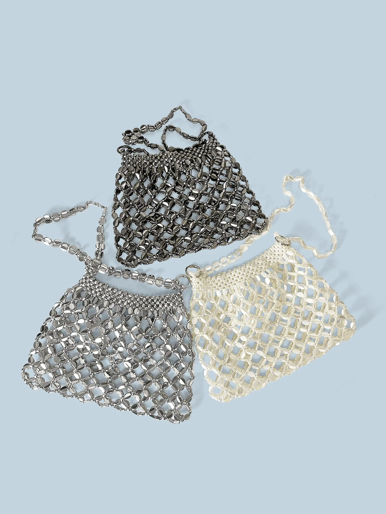 Women Retro Handmade Beaded Sequin Woven Shoulder Bag Metallic Mesh Underarm Handbag With Inner Pouch Party Evening Bag