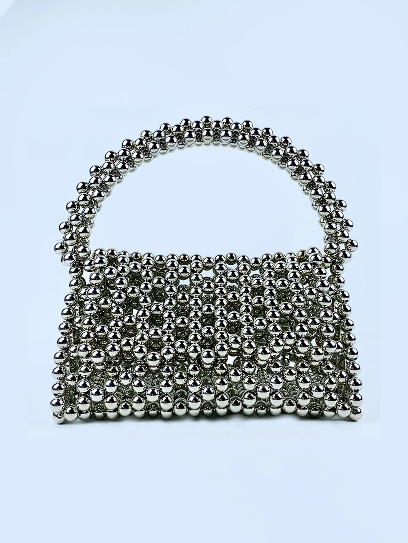 Handmade Silver Beaded Triangle Evening Handbag For Women Hollow Woven Mini Handheld Bag Fashion Luxury Party Tote Bag