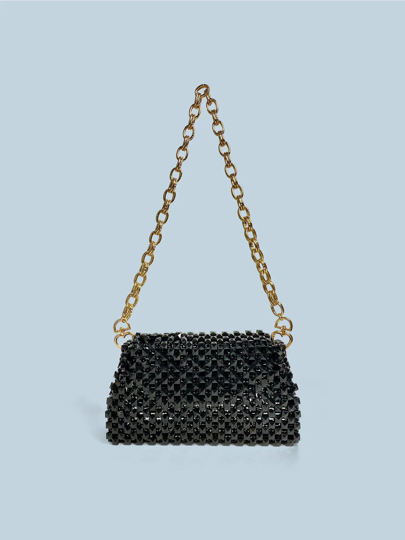 Damen Schwarz Acryl Perlen Umhängetasche Handgewebt Pyramide 3D Geometrische Textur Goldkette Abendtasche Schick