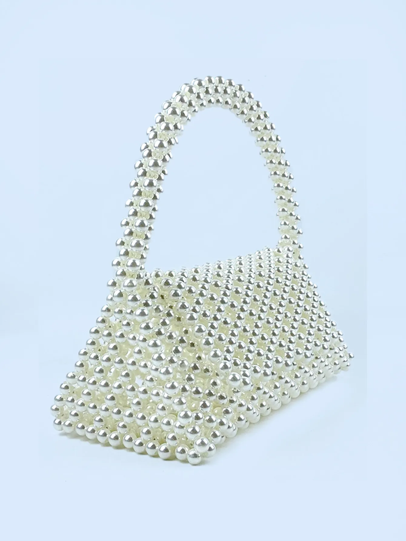 Handmade Beaded Handbag Faux Artificial Pearl Metallic Beads Hollow Out Triangle Top Handle Evening Party Bag For Women