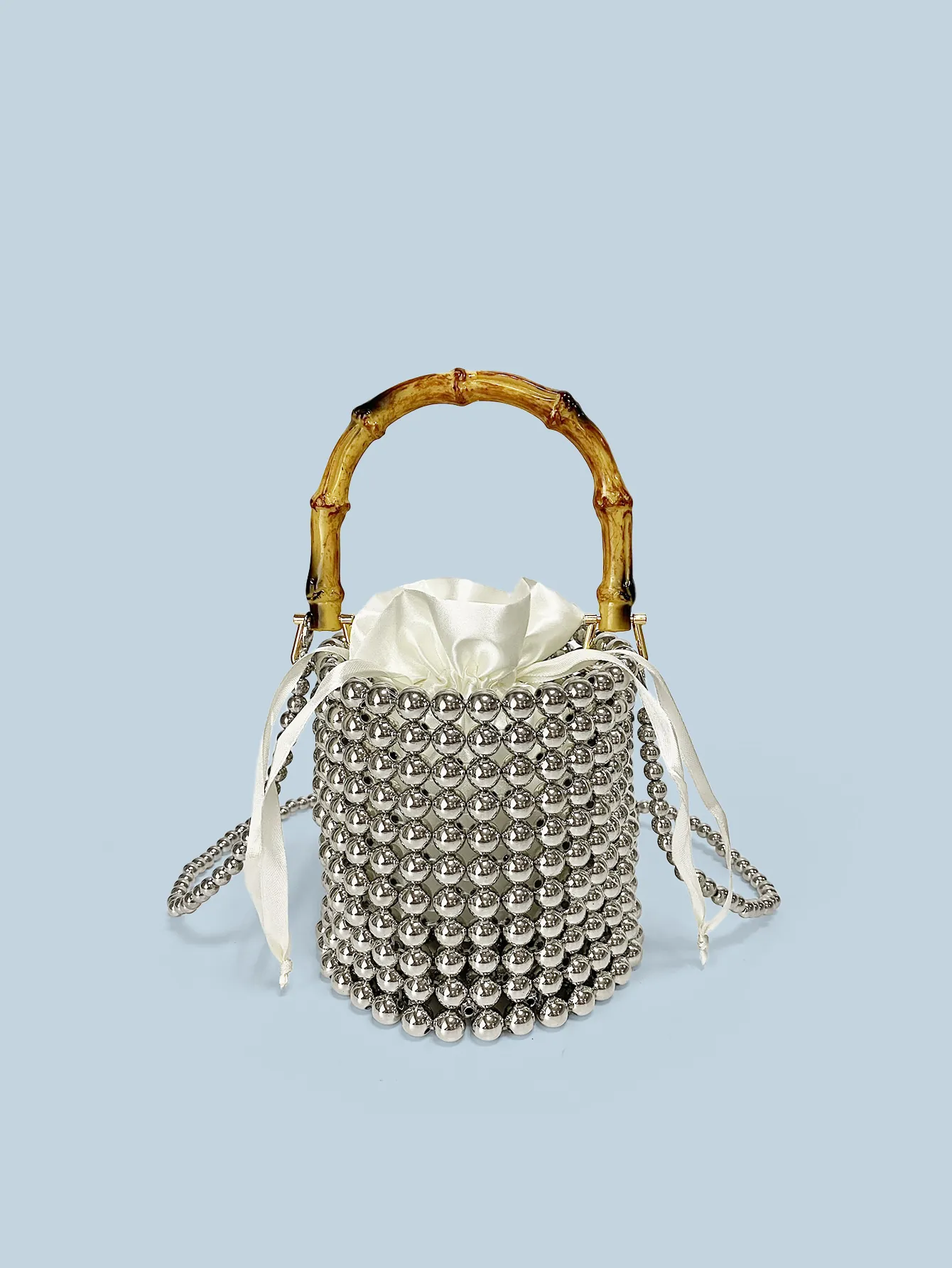 Silver Beaded Bucket Bag With Bamboo Handle Satin Drawstring Handcrafted Woven Crossbody Bag For Women Vintage Party Bag