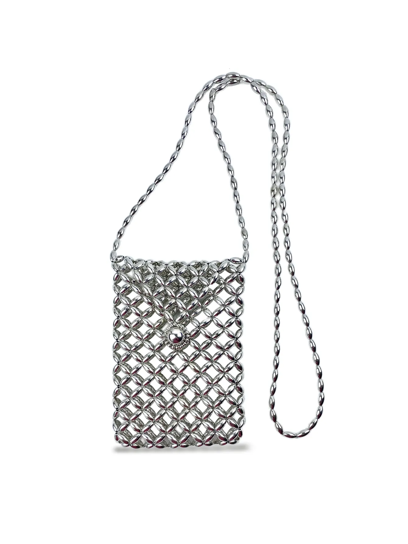 Mini Borsa A Tracolla Con Perline Argentate Pochette Per Telefono Intrecciata Svuotata Borsa Moda Metallica Lucida Donna