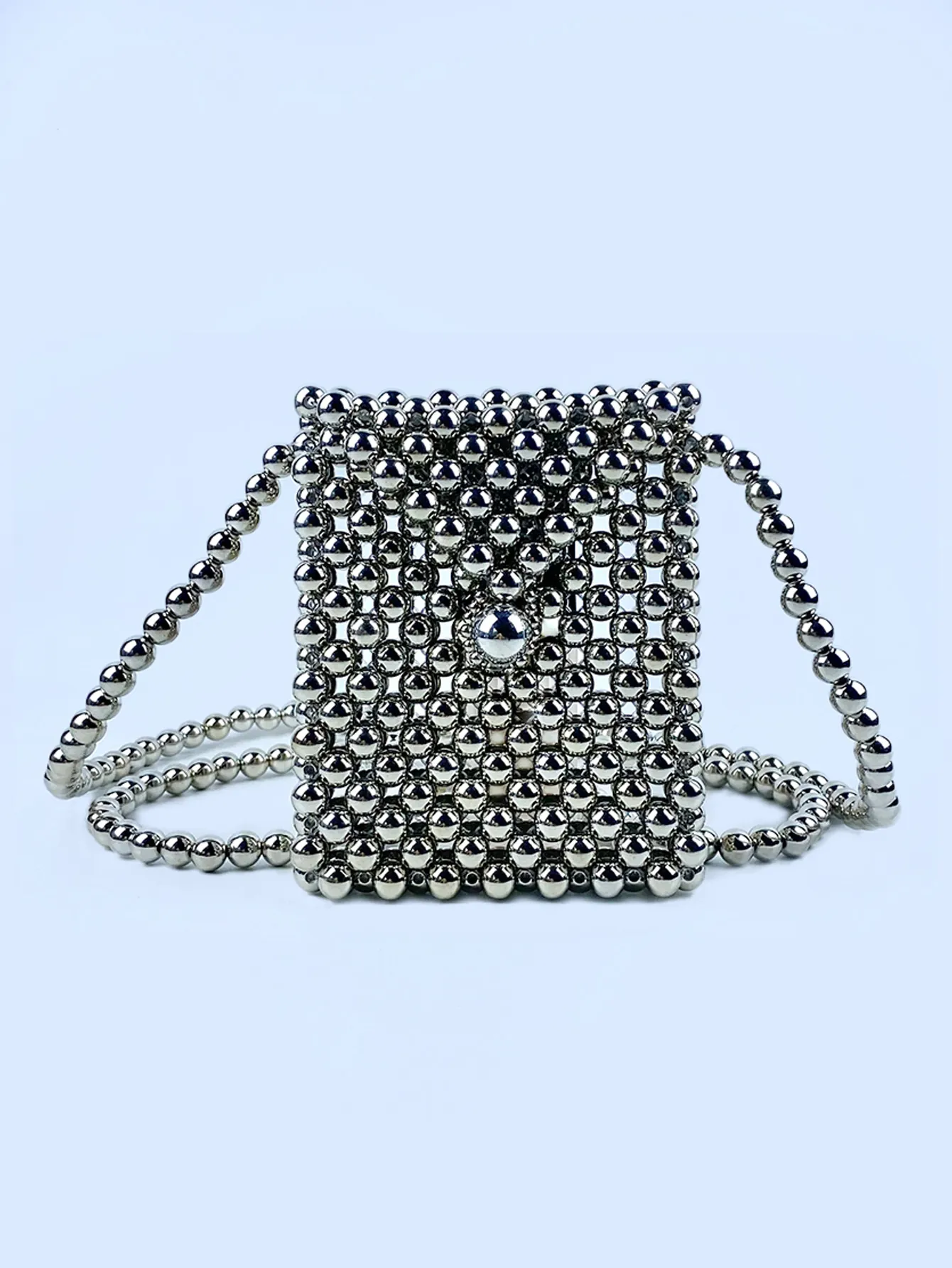 Silver Beaded Mini Crossbody Bag Handmade Electroplated Plastic Bead Shoulder Bag For Women Summer Fashion Accessory