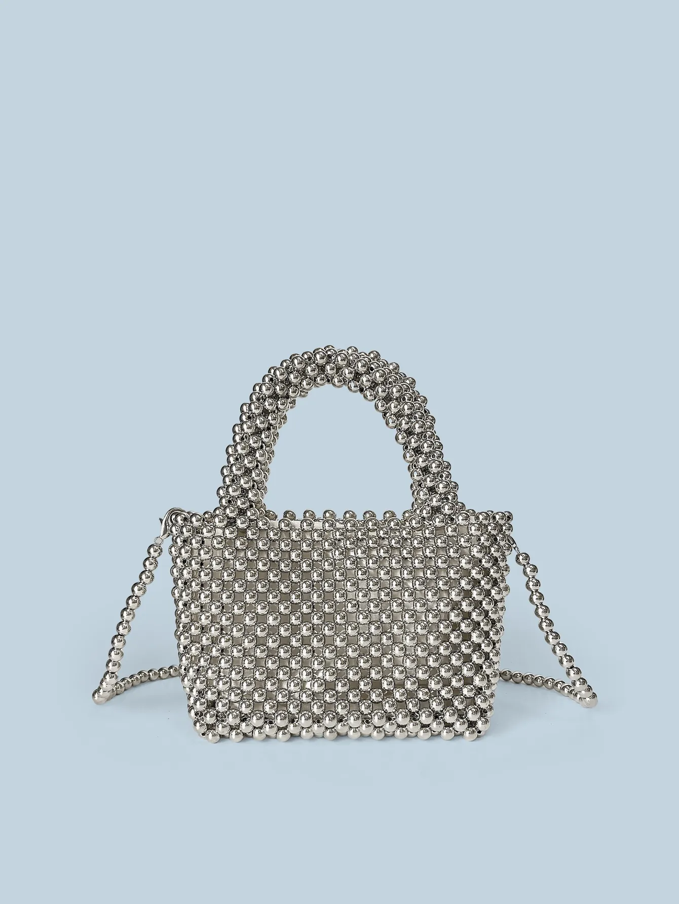 Women's Silver Beaded Handmade Bag Metallic Woven Top Handle Crossbody Purse With Shoulder Strap For Party Evening