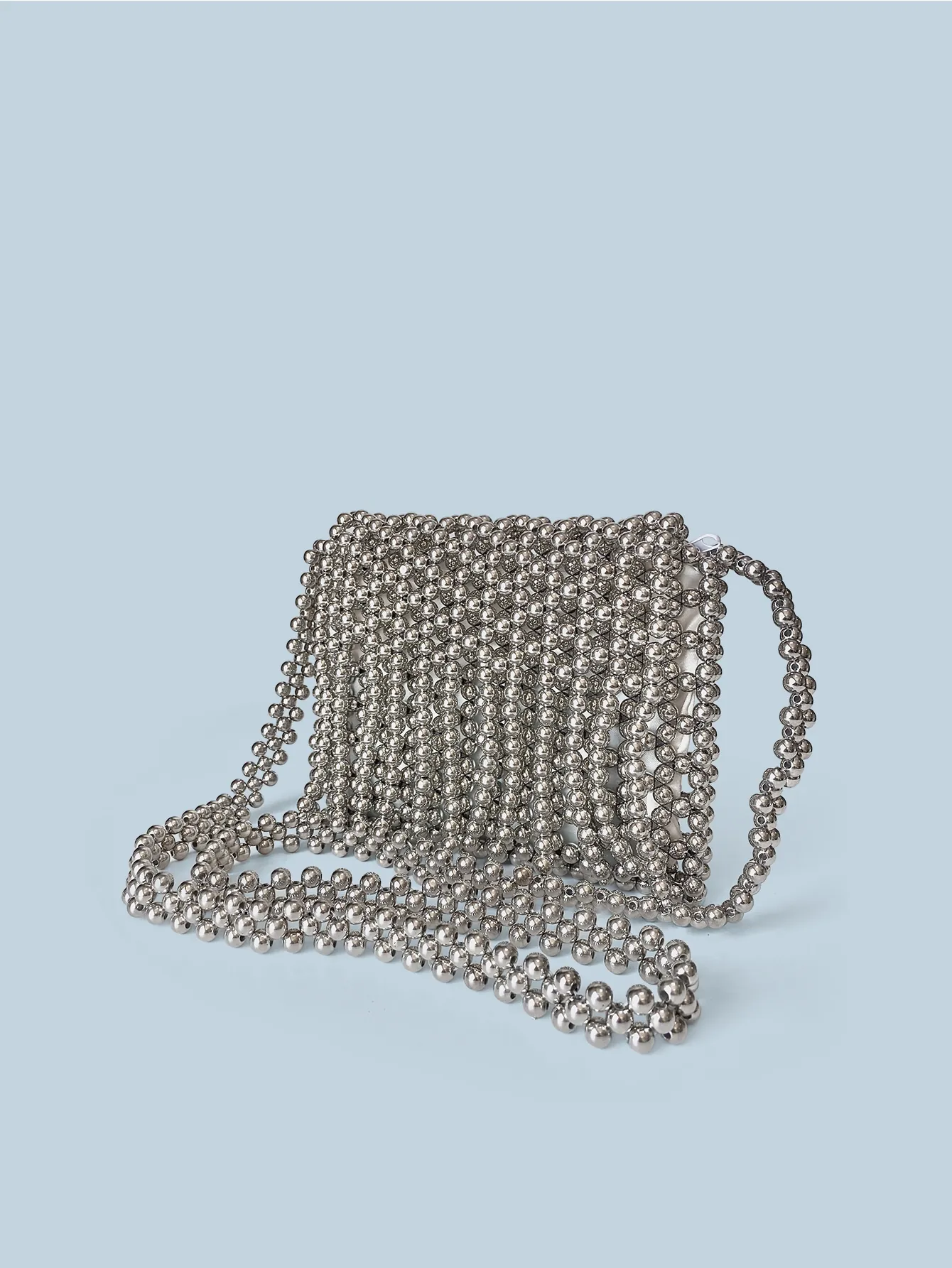 Women Beaded Crossbody Bag Silver Handmade Woven Metallic Acrylic Beads Phone Pouch With Tassel Retro Party Style