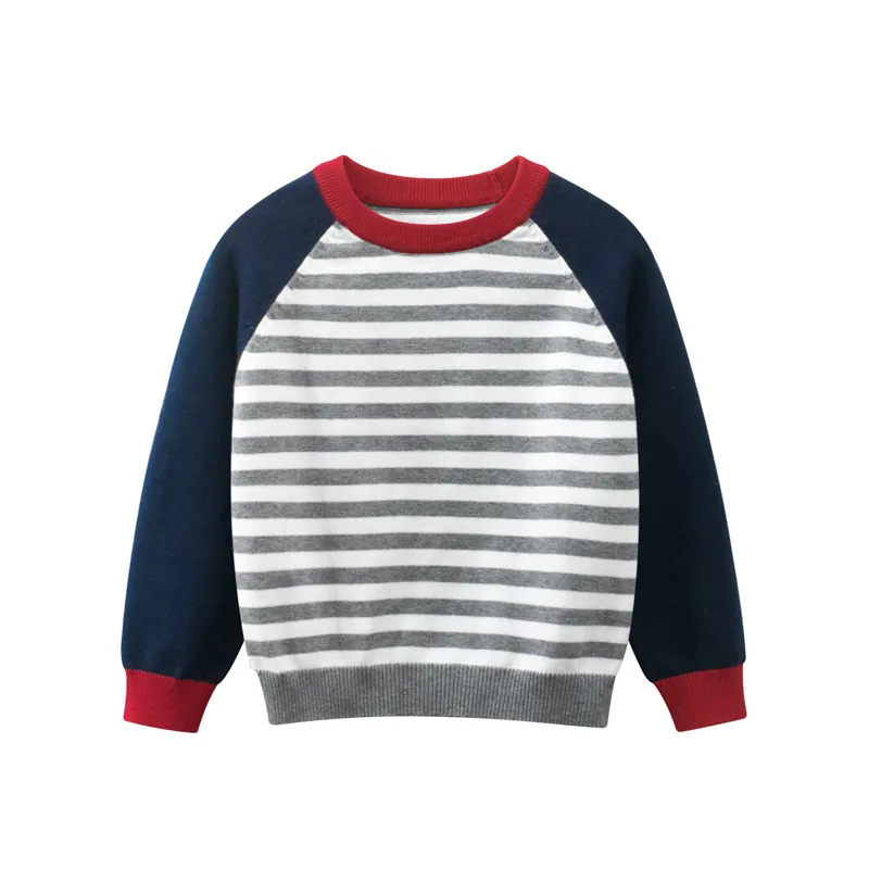 Boys Striped Cotton Sweater Raglan Long Sleeve Crew Neck Knitted Pullover Casual Top For Kids