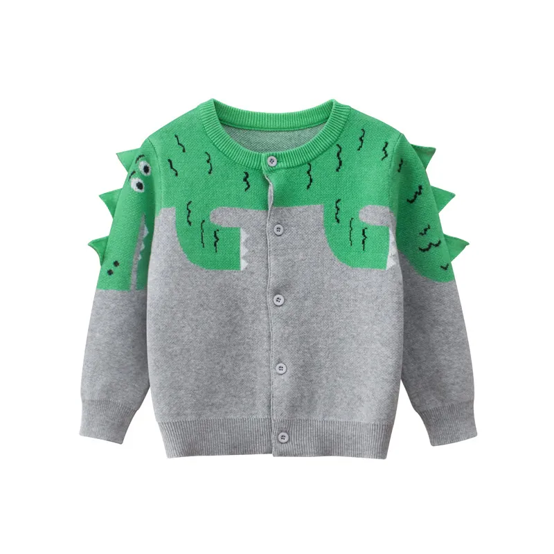 Boys Cotton Knit Cardigan Dinosaur Theme 3D Spines Long Sleeve Button Up Patchwork Sweater Toddler Autumn Jacket