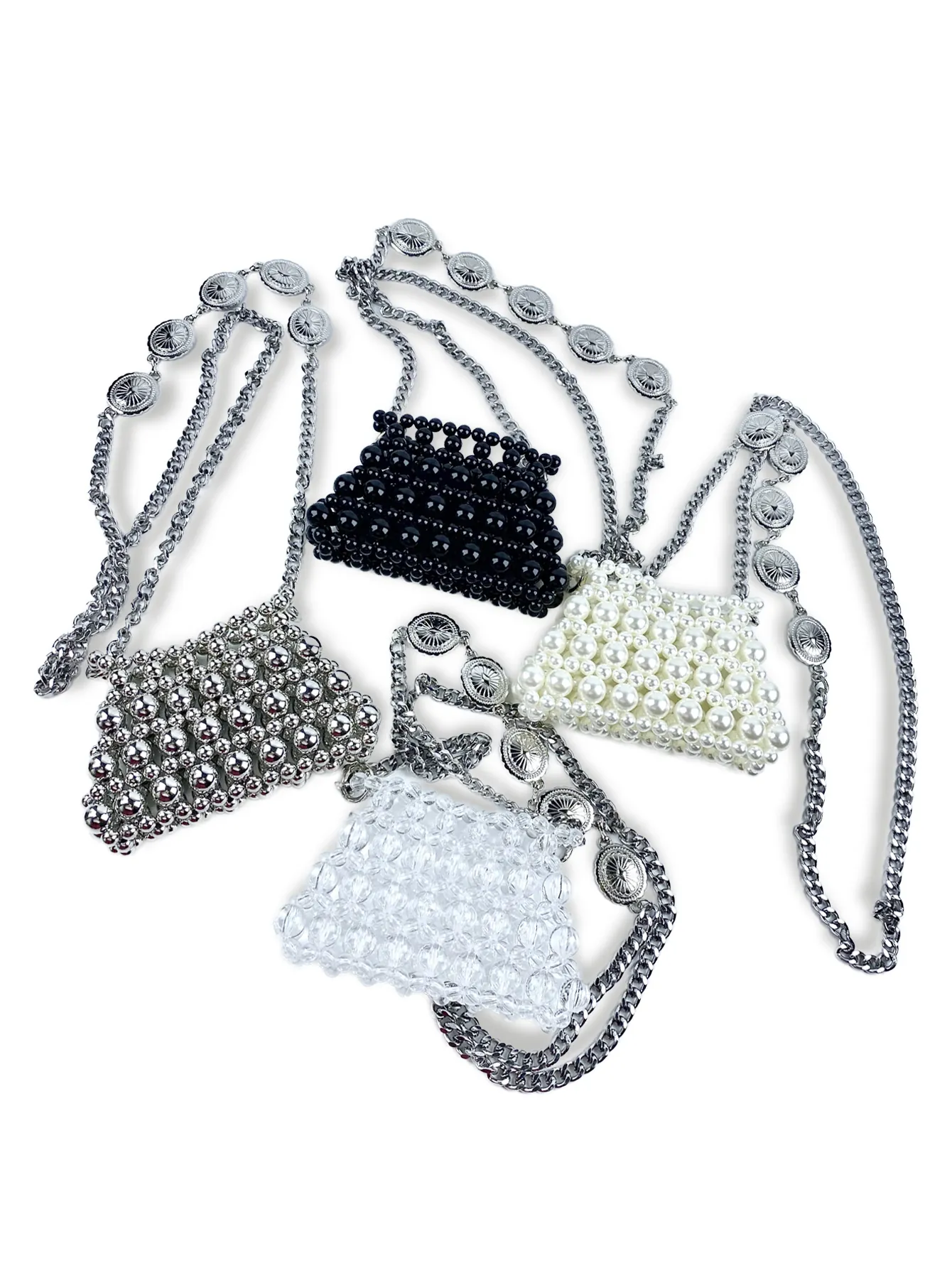 Women Handmade Beaded Mini Crossbody Bag Fashion Resin Bead Lipstick Bag Vintage Metal Relief Coin Chain Shoulder Strap Party Evening Bag