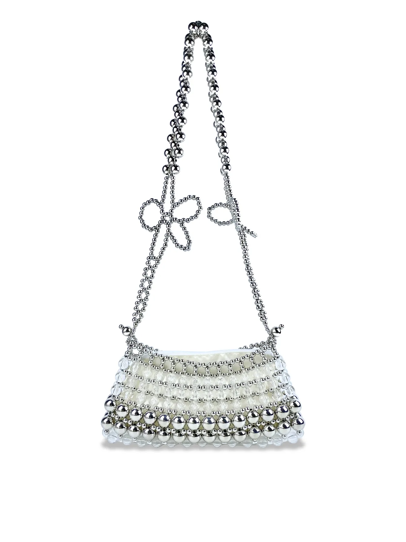 Sac À Main Perlé À La Main Pour Femmes Style Français Rétro Décor De Nœud Doux Argent Acrylique Transparent Sac À Bandoulière