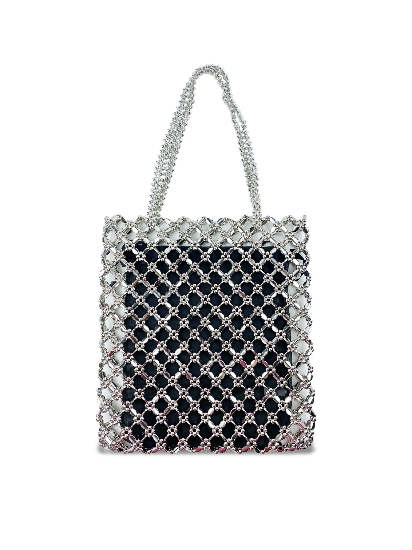 Women Metallic Silver Beaded Shoulder Bag Hand Woven Mesh Tote With Inner Liner Shiny Y2K Streetwear Handbag