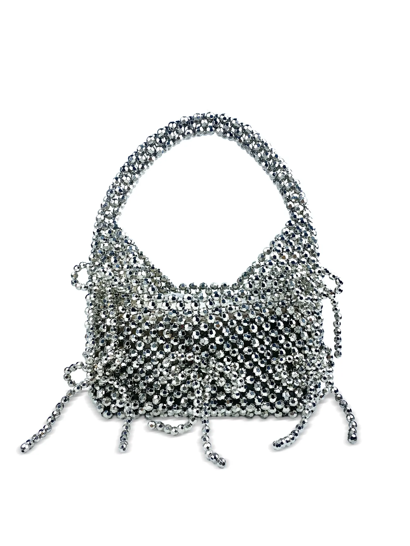 Sac à Main en Perles Tissées à la Main Argent Métallique Perles en Plastique Sac de Soirée pour Femmes Fête Mode Gland Petit Sac Fourre-Tout