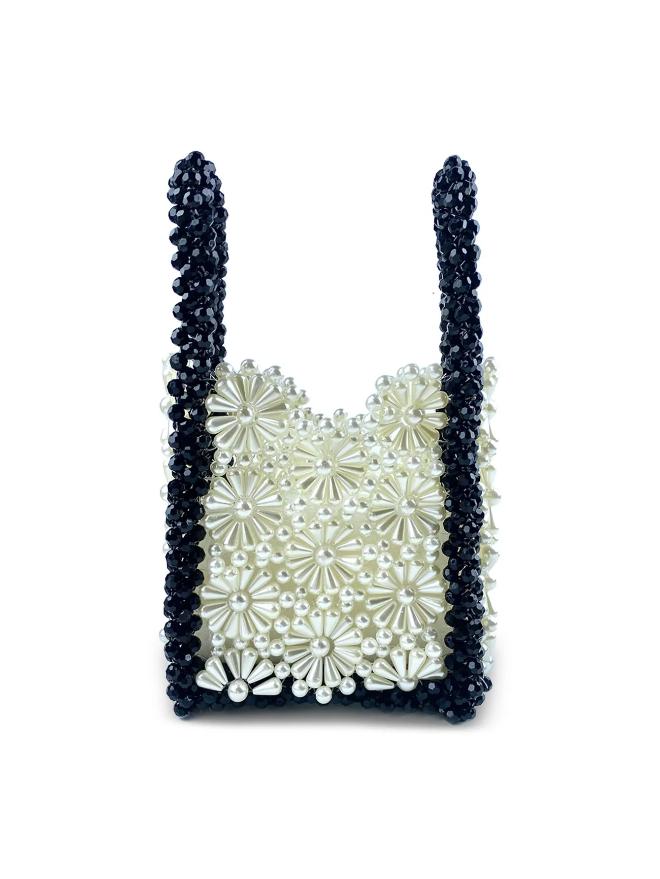 Handmade Beaded Handbag With Faux Artificial Pearl Daisy Flower Pattern Hollow Out Small Square Tote Bag Sweet Vintage For Women