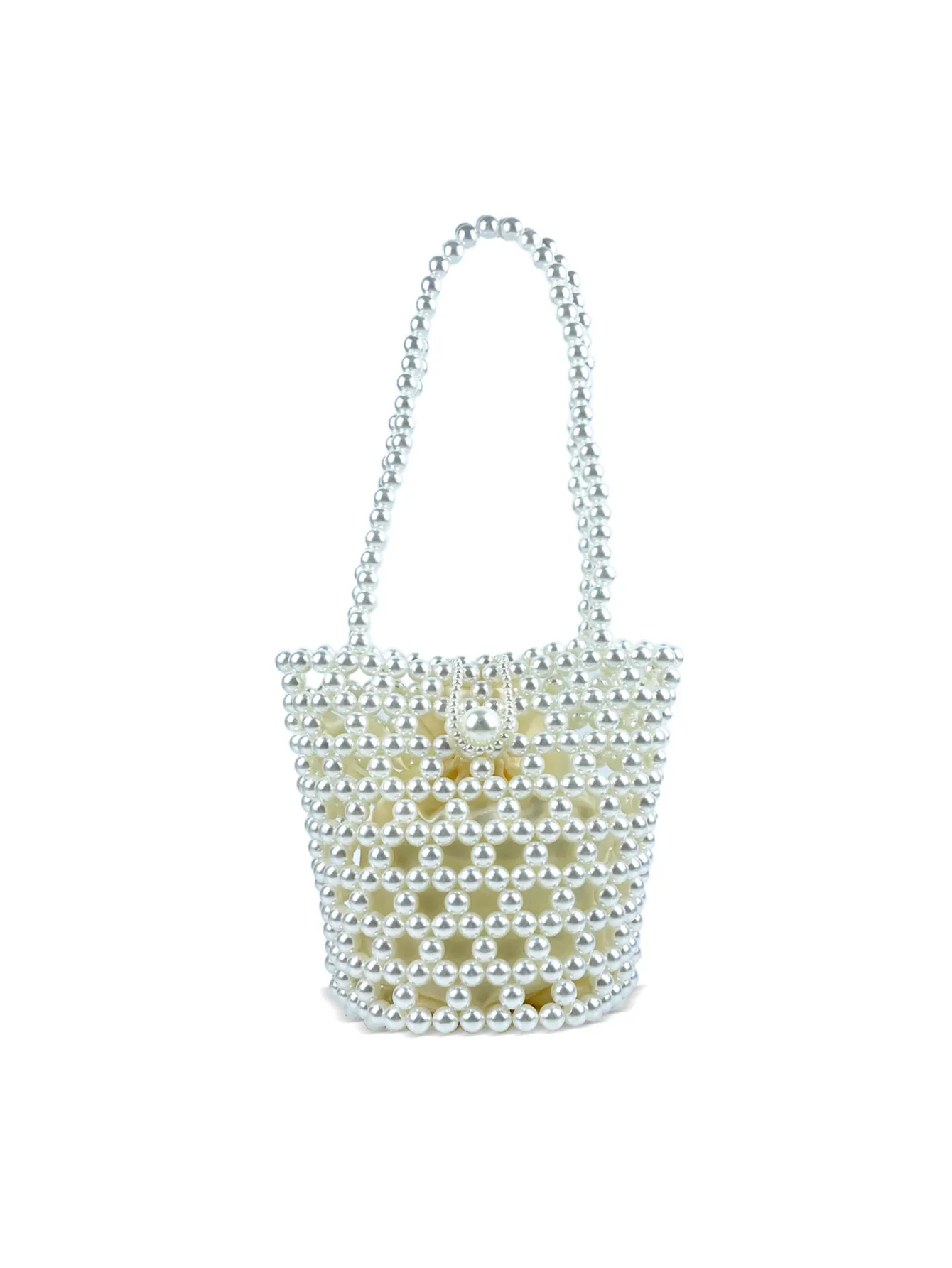 Handmade Beaded Mini Bucket Bag Faux Artificial Pearl Metallic Hollow Out Handbag With Drawstring Inner Pouch For Women Elegant