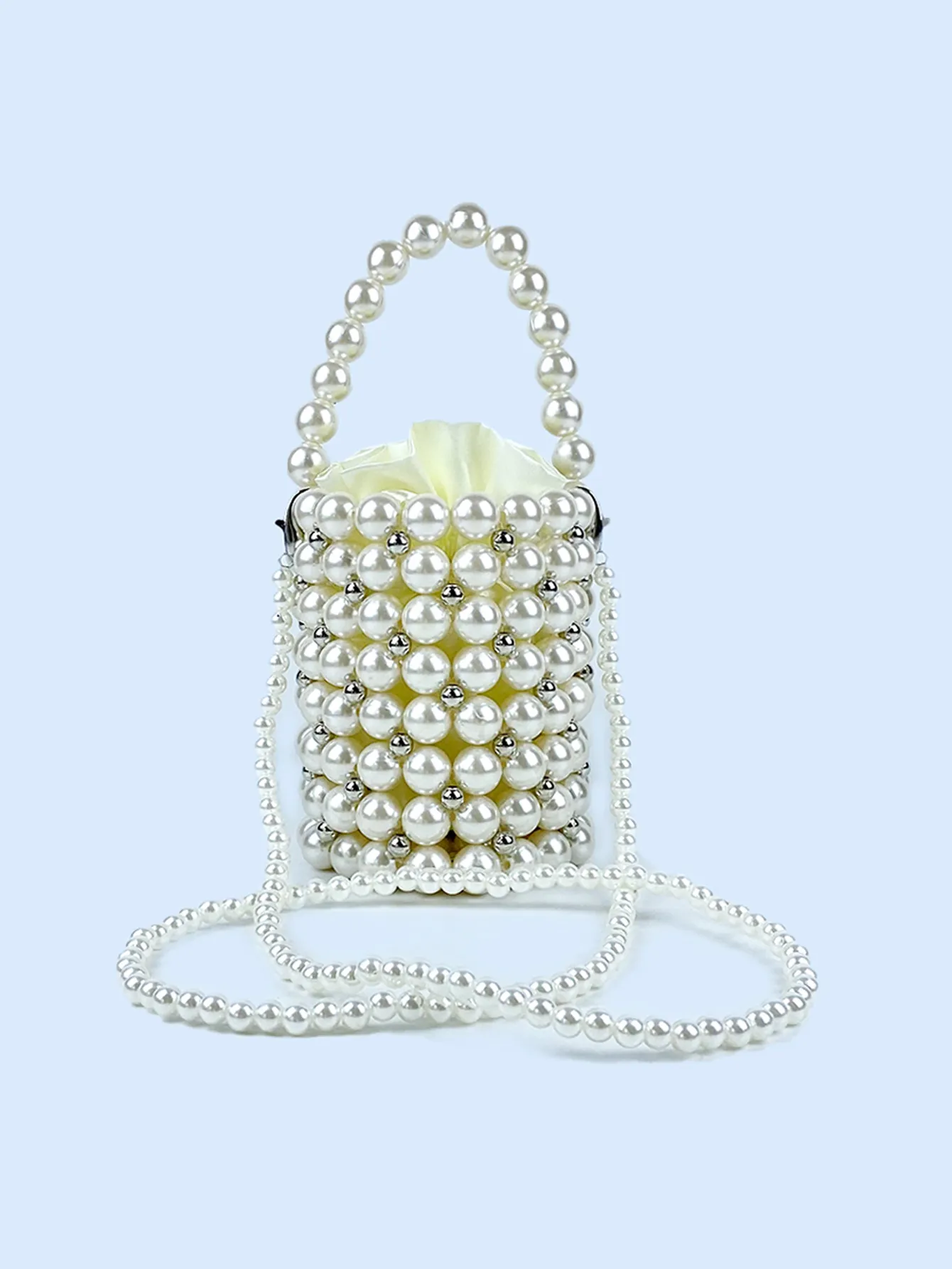 Handmade Artificial Pearl Beaded Bucket Bag With Drawstring Satin Lining And Detachable Artificial Pearl Chain Strap Elegant French Handbag