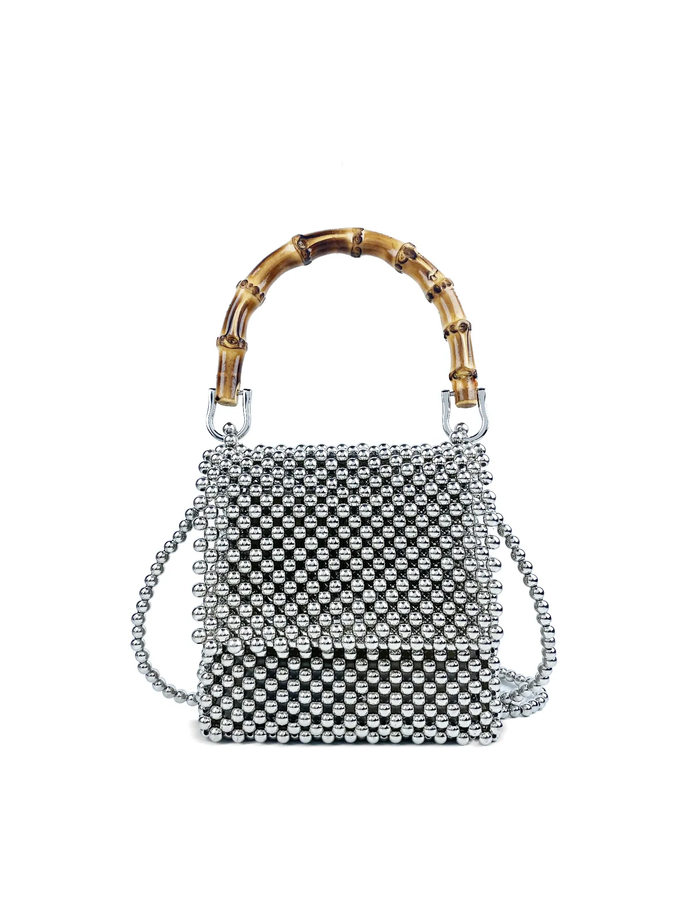 Vintage Handmade Silver Beaded Handbag With Natural Bamboo Handle Elegant Small Square Crossbody Bag For Women