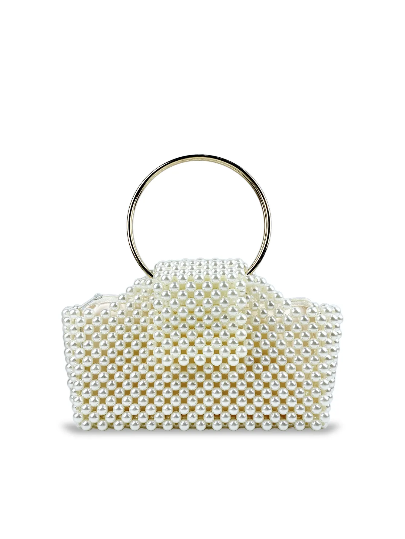 Artificial Pearl Beaded Woven Evening Handbag With Metal Ring Handles French Retro Elegant Party Purse For Women