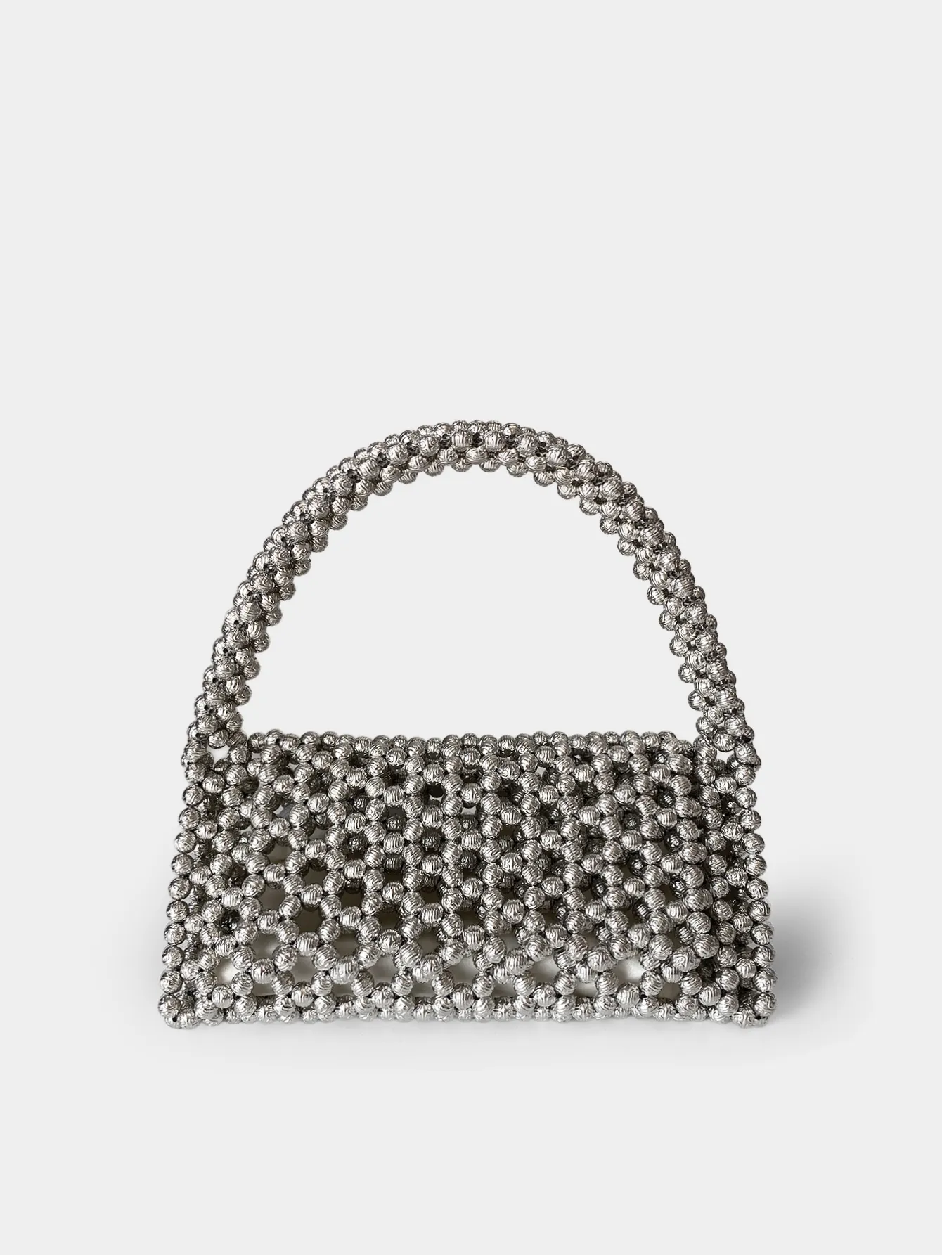 Women's Silver Beaded Handbag Hand-Woven Metallic Luster Triangle Hollow Flap Evening Bag With Lining For Party Wedding