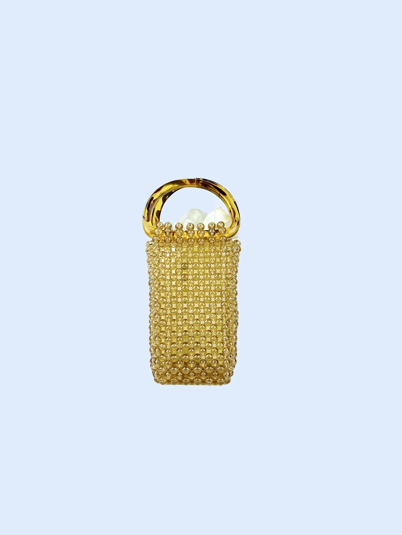 Borsa A Secchiello In Perline Acriliche Ambra Retrò Traforata Con Manico Rotondo Tartarugato Per Donna Stile Casual