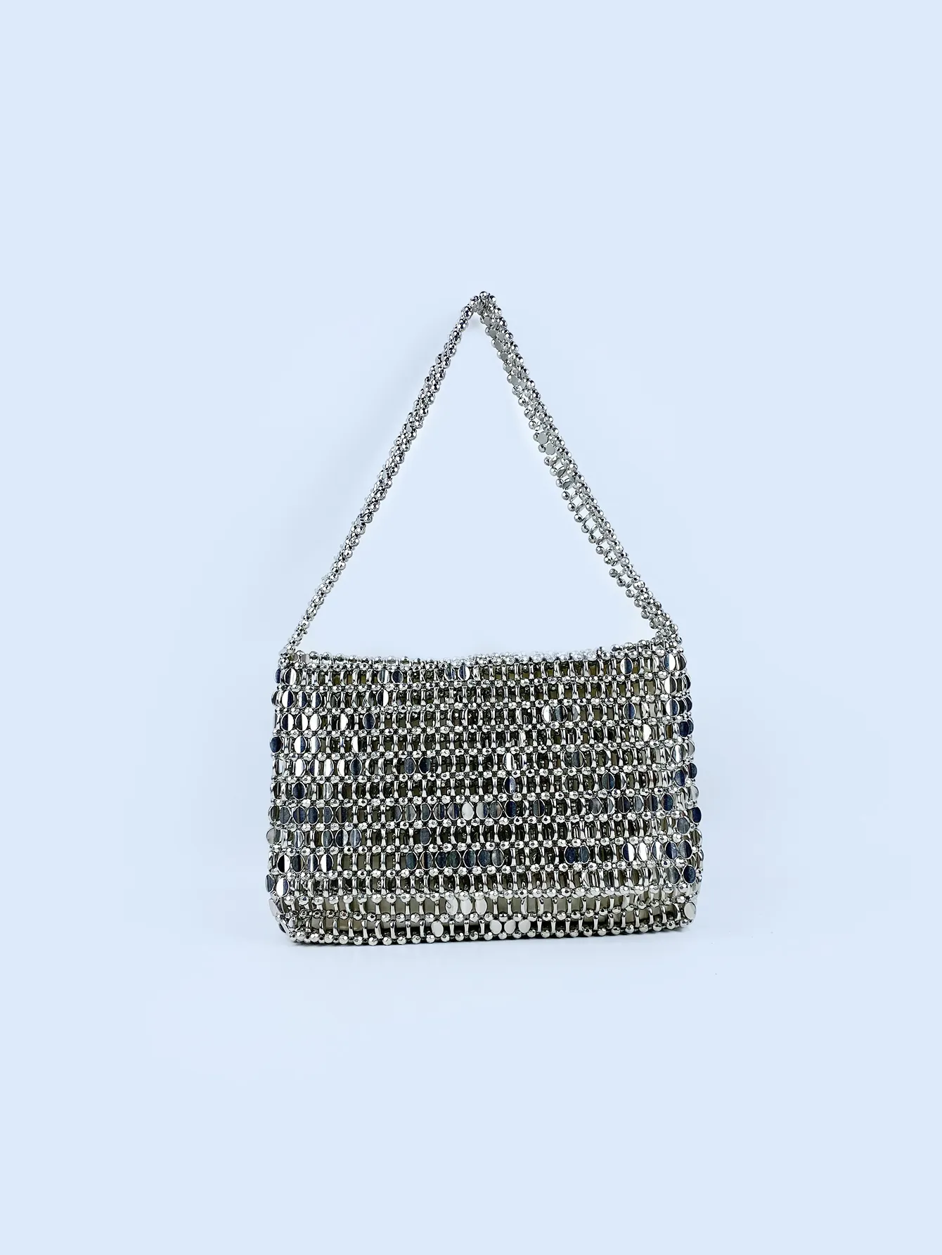Silver Metallic Sequin Shoulder Bag Hand Woven Underarm Bag Retro Disco Party Evening Large Handbag For Women
