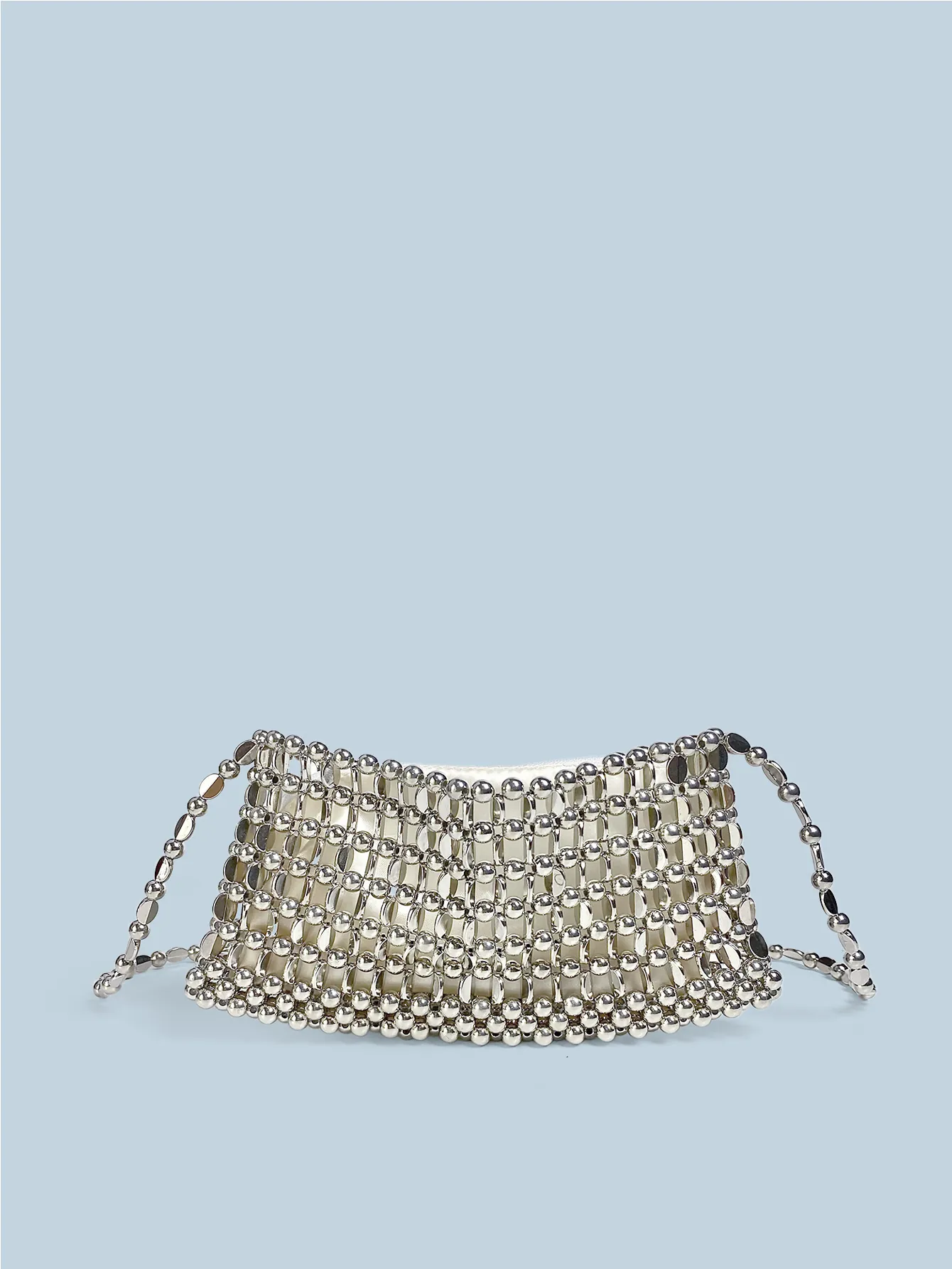 Silver Metal Beaded Crossbody Bag Handwoven Sequin Evening Pouch With Chain Strap Retro Sparkly For Women