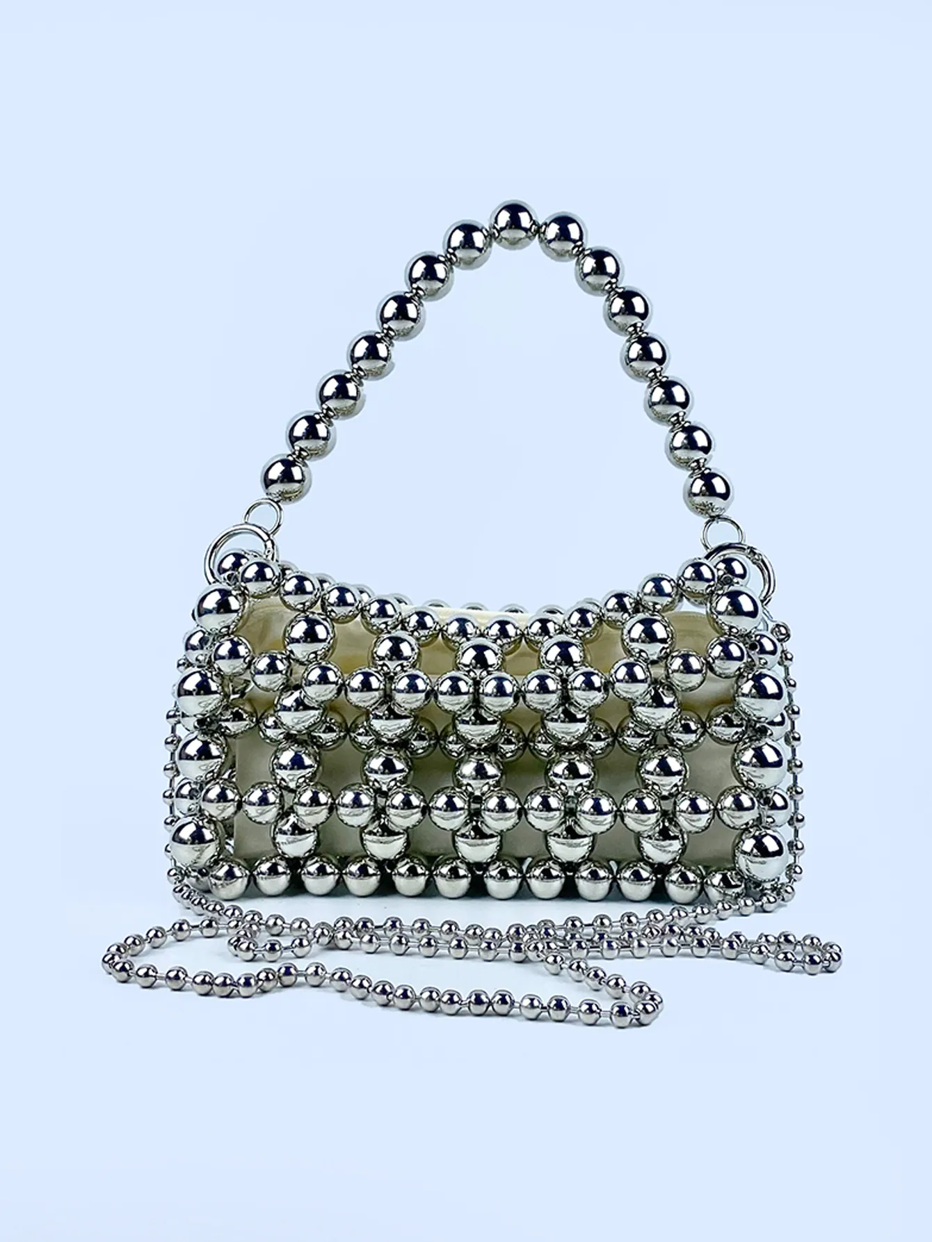 Sac À Main Perlé Argenté Fait Main Pour Femmes Perles En Plastique Fini Métallique Petit Sac Carré Tissé Poignée Chaîne