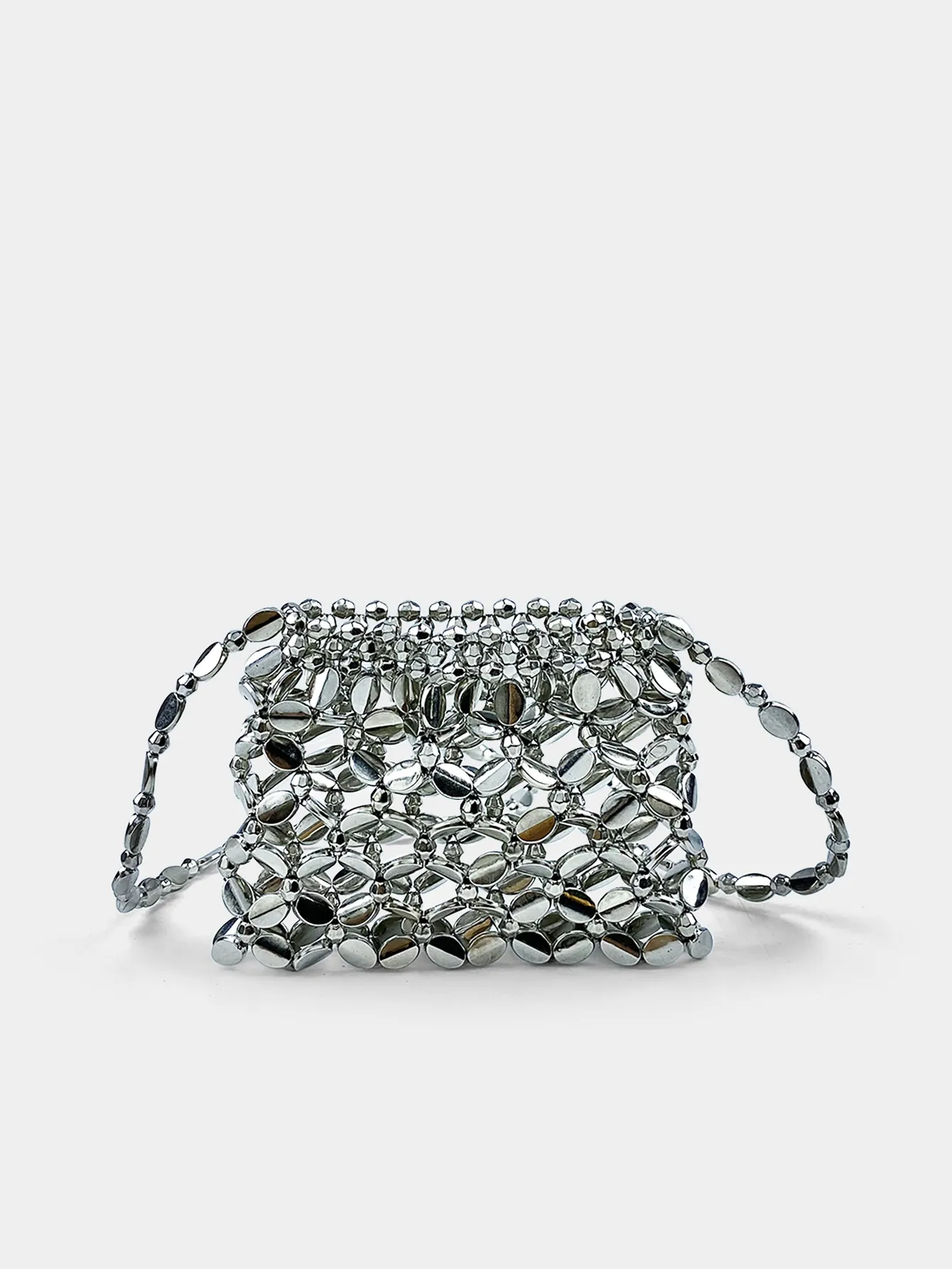 Metallic Silver Hollow Woven Mini Crossbody Bag Plastic Sequin Handmade Earphone Pouch For Women
