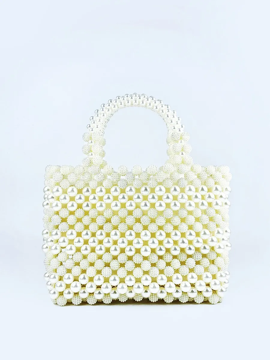 Handmade Beaded Artificial Pearl Handbag Elegant Retro Evening Tote Bag For Wedding Party Formal Event Women White Acrylic