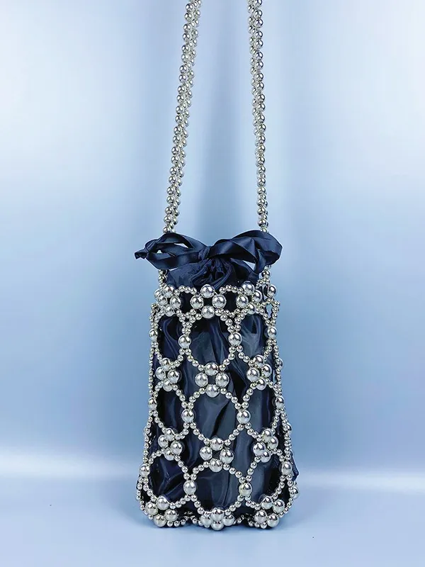 Handmade Beaded Crossbody Bucket Bag Silver Metallic Woven Hollow Drawstring Satin Liner Bow Chic Shoulder Handbag