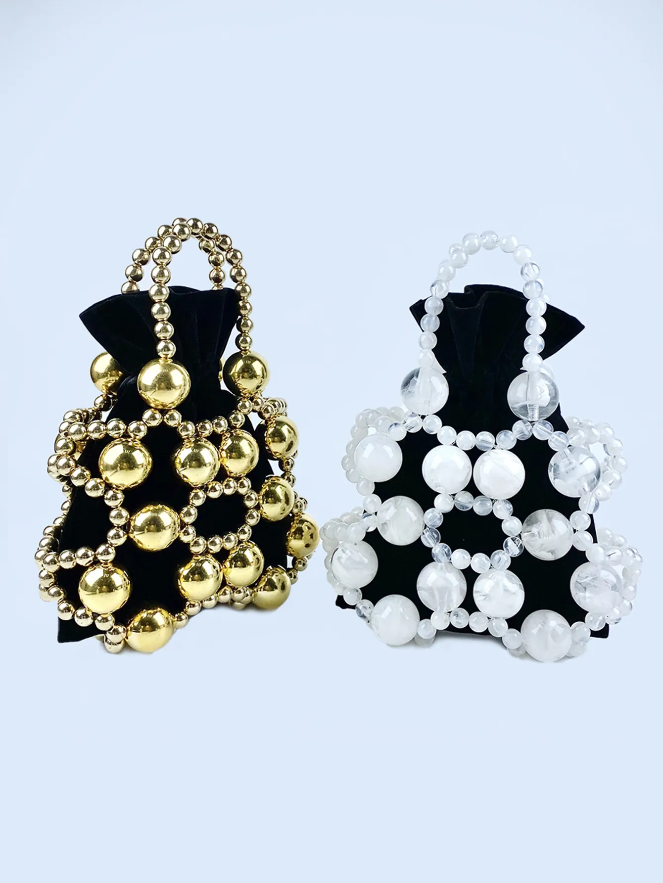Women Beaded Bucket Bag Hollow Out Acrylic Beads Handbag With Velvet Drawstring Inner Pouch Evening Party Crossbody