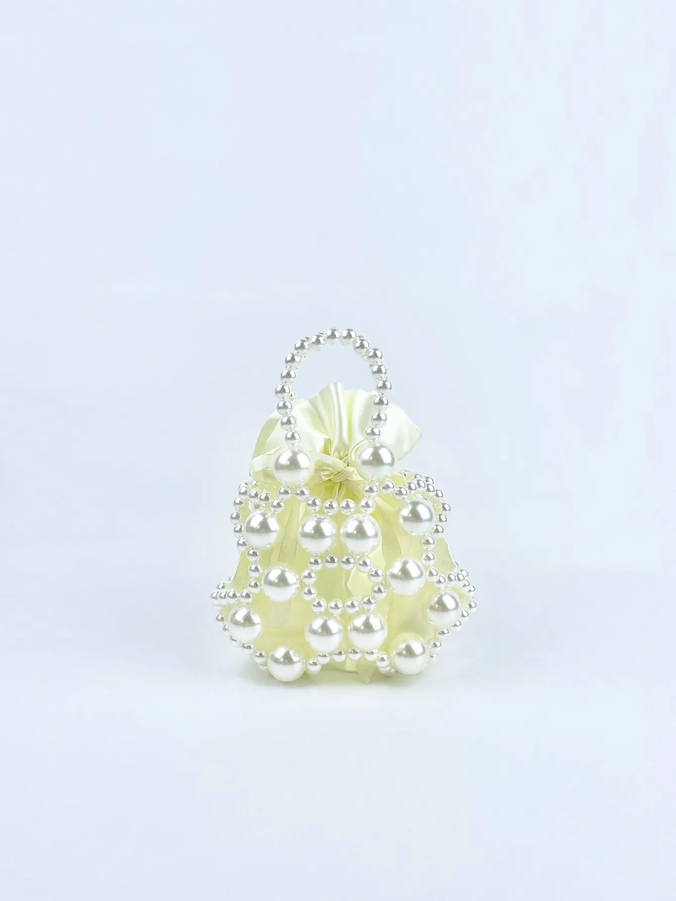 Handmade Imitation Artificial Pearl Beaded Evening Handbag For Women Sweet Satin Lining Drawstring Hollow Woven Wedding Party Small Tote Bag