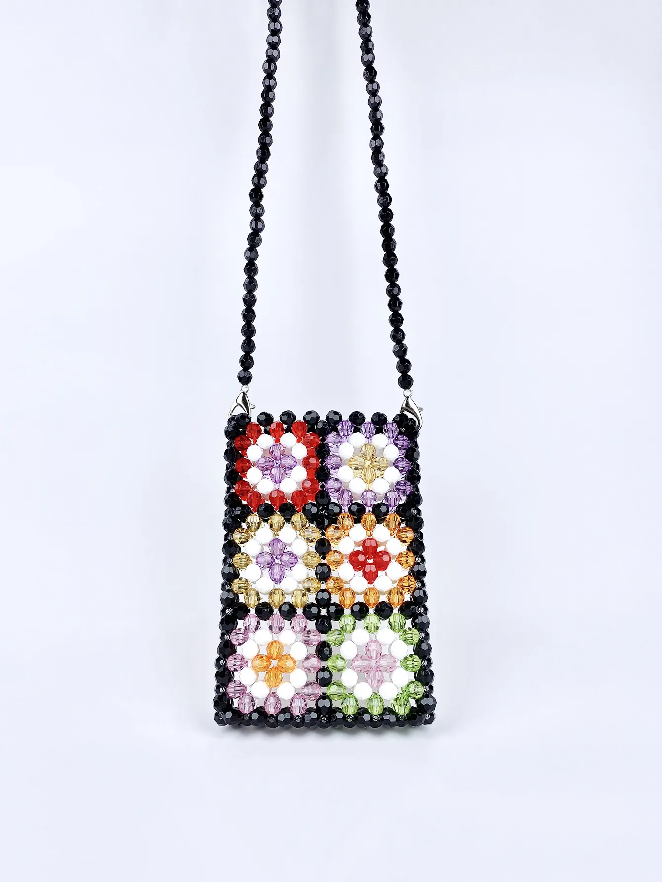 Handmade Acrylic Beaded Crossbody Bag Retro Granny Square Floral Woven Phone Pouch Bohemian Style For Women