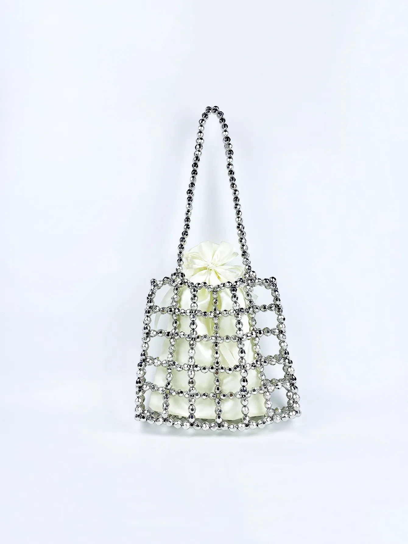Silver Beaded Handbag Handmade Hollow Acrylic Beads With Satin Drawstring Inner Pouch For Women Elegant Fashion Accessory