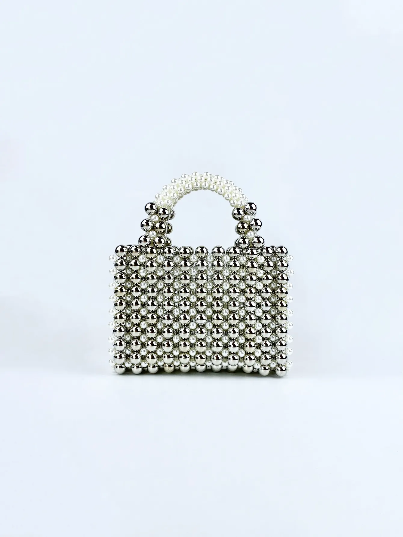 Handmade Beaded Handbag Faux Artificial Pearl Metal Beads Woven Small Square Evening Bag Elegant For Women Fashion Casual Style