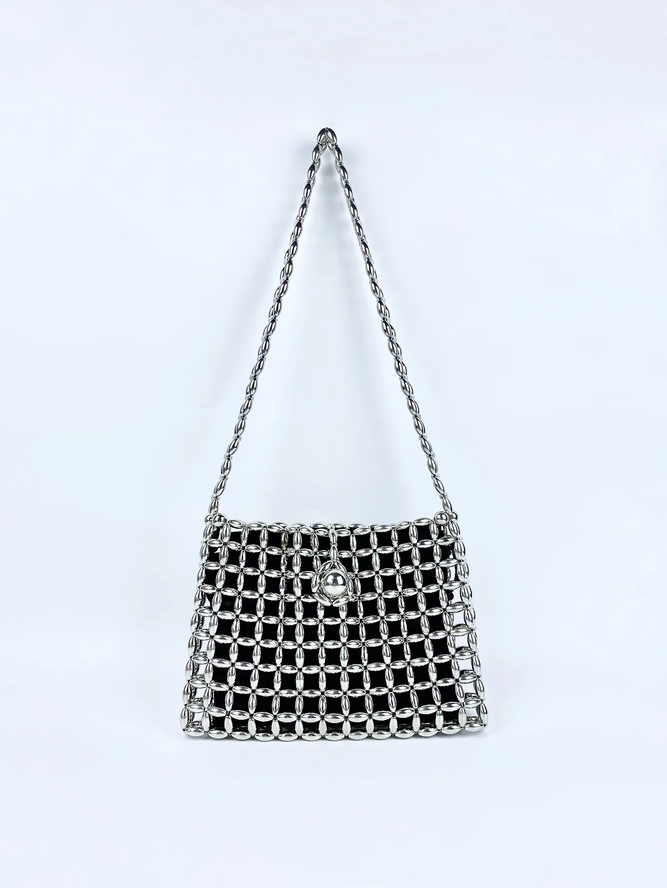 Vintage Shiny Silver Beaded Shoulder Bag For Women Handmade Woven Hollow Out Underarm Bag Elegant Evening Party Purse