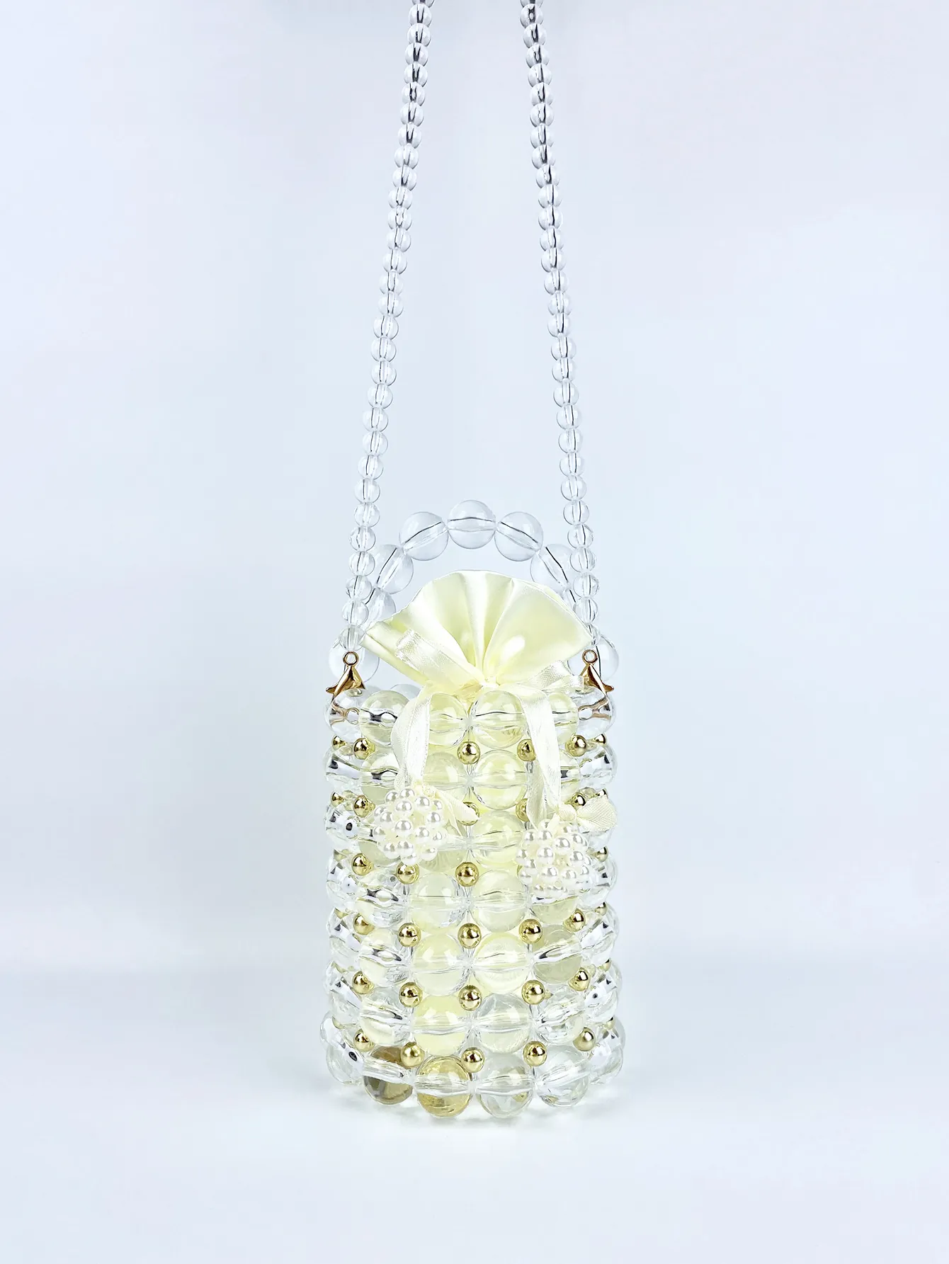 Handmade Acrylic Beaded Bucket Bag Transparent Cylindrical Crossbody Handbag With Satin Drawstring Inner Pouch For Women