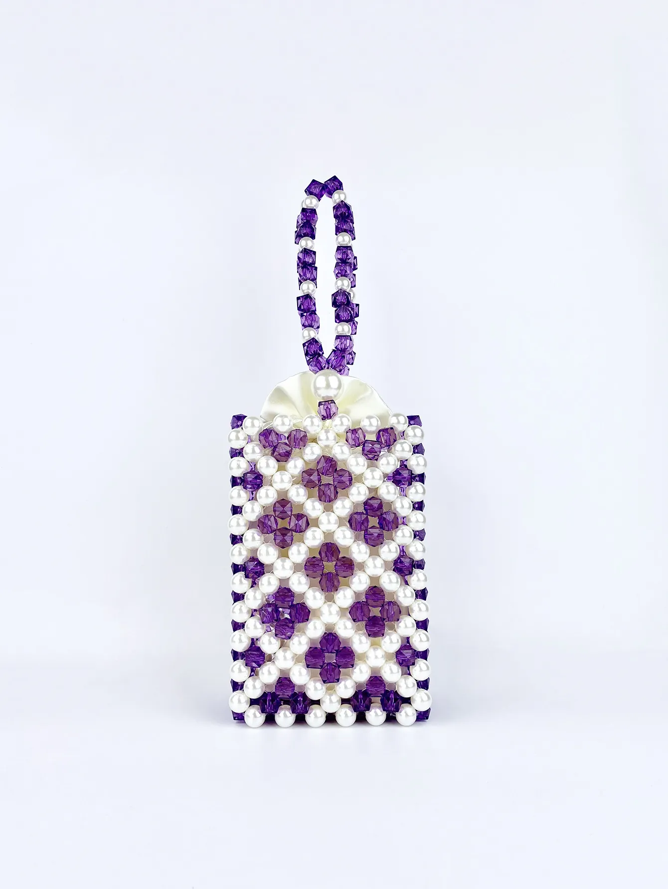 Mini Handbags Hand Beaded Bag Acrylic Crystal Purple Artificial Pearl Pattern Satin Lining Elegant Retro Style For Women