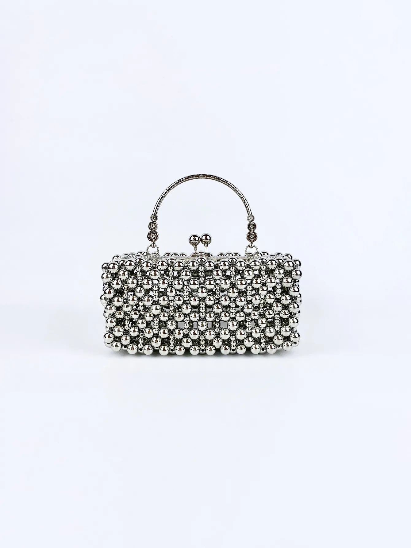 Silver Beaded Evening Clutch Bag With Metal Handle Elegant Party Handbag For Women Vintage Box Style