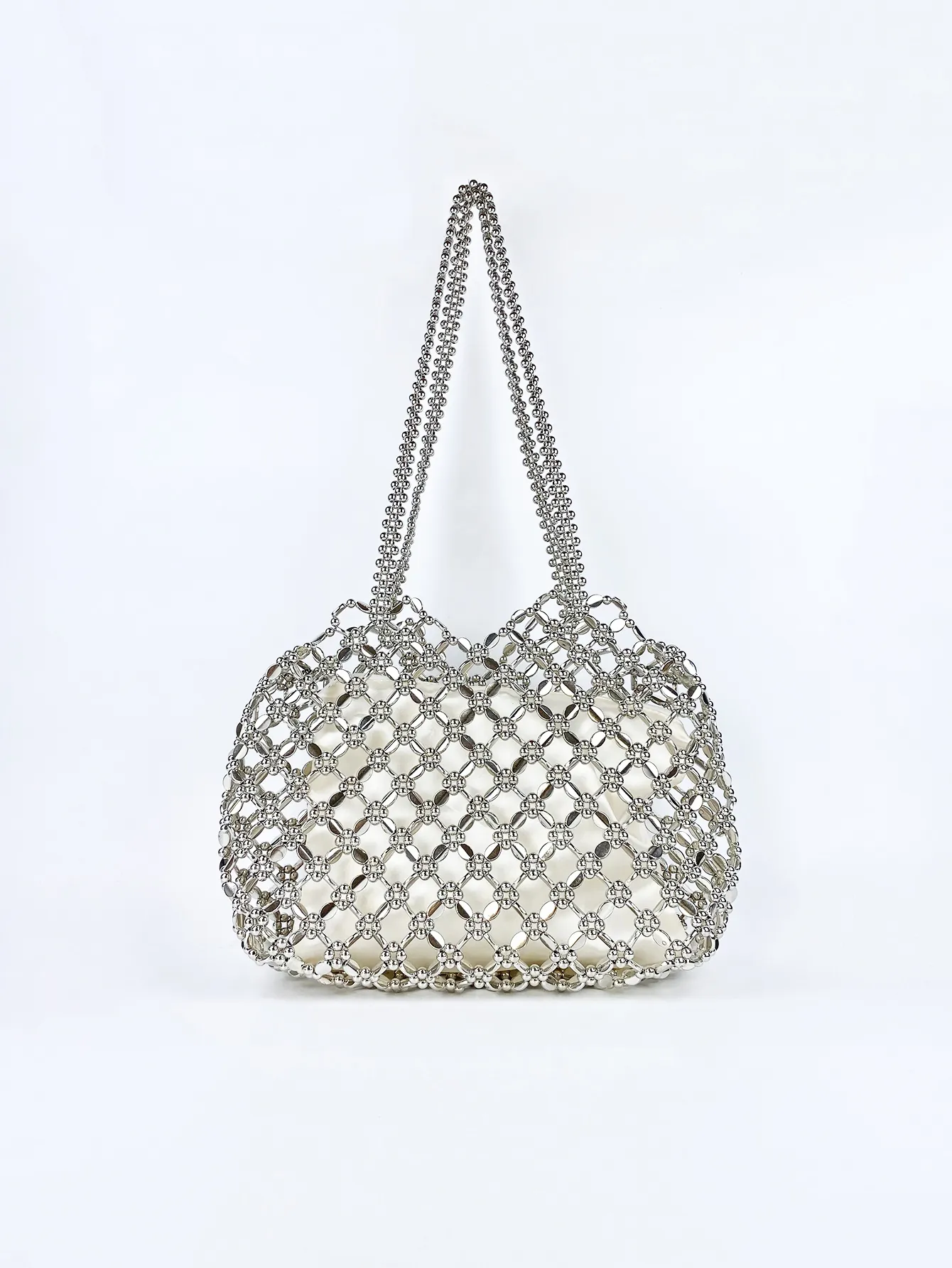 Silver Beaded Woven Shoulder Bag With Inner Pouch Hollow-out Mesh Handbag For Women Minimalist Elegant Style