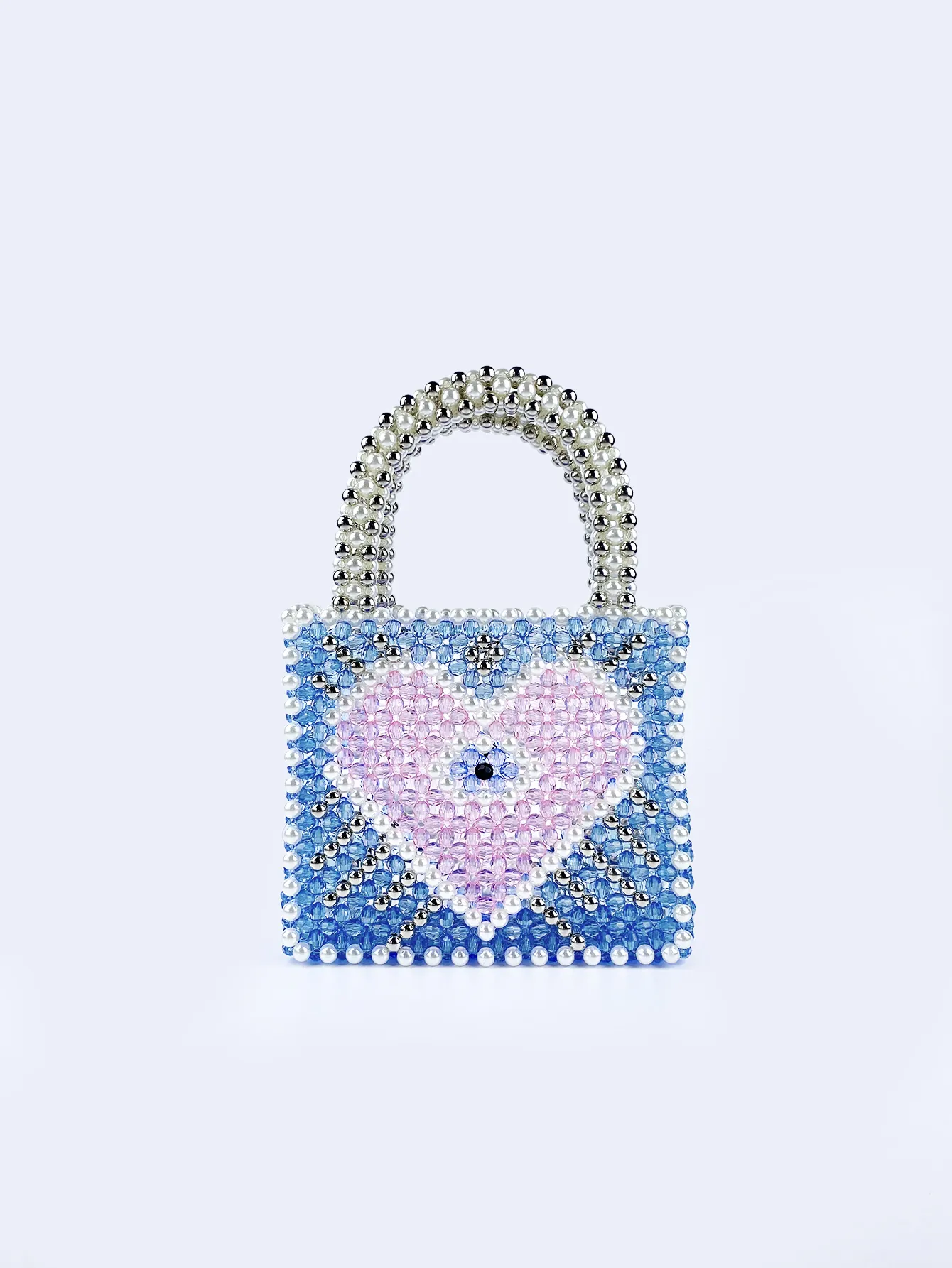 Handmade Acrylic Beaded Handbag Blue Pink Heart Pattern Evil Eye Weave Fashion Tote For Women Casual Travel Gift