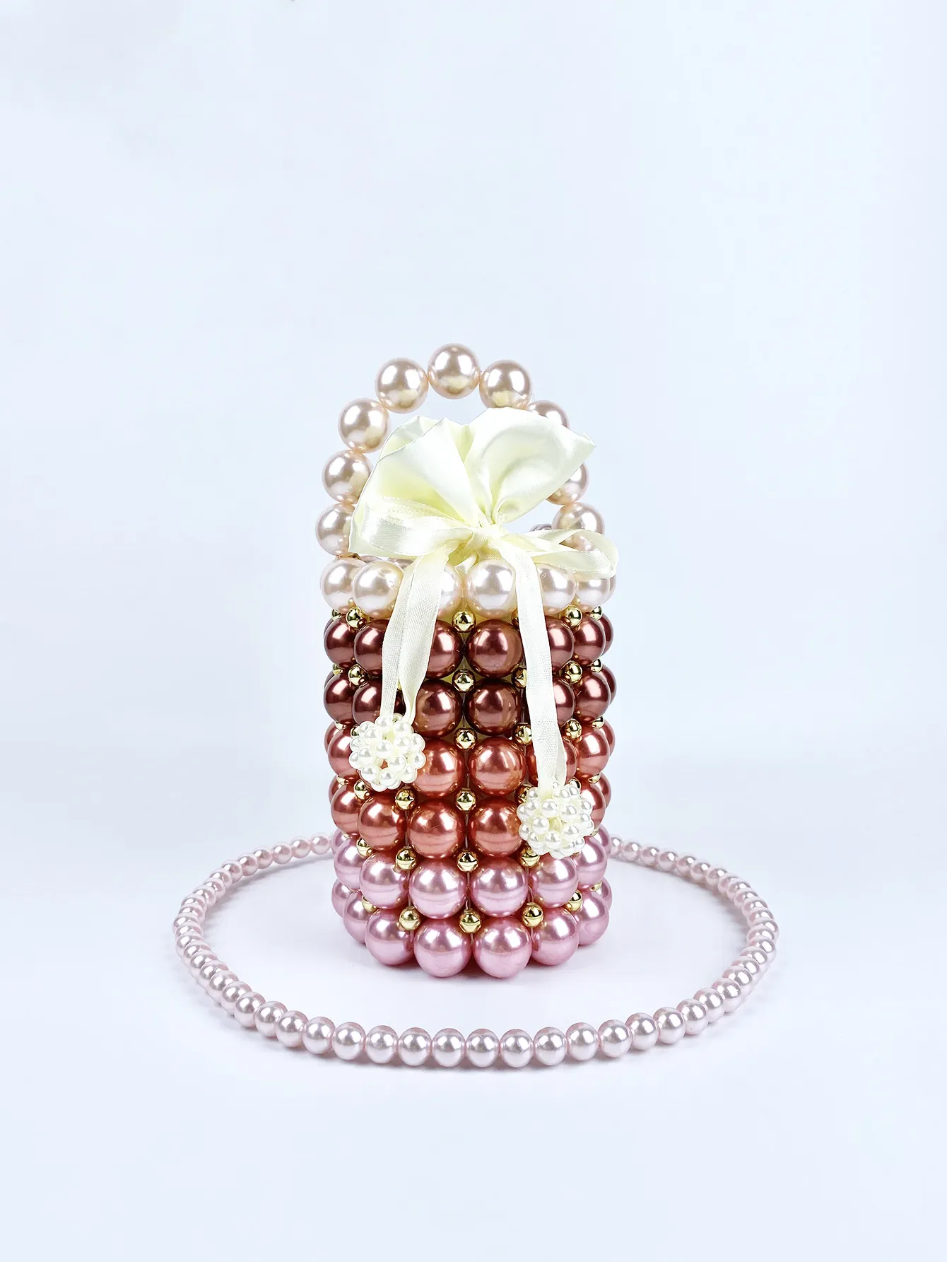 Handmade Beaded Bucket Bag Elegant Imitation Artificial Pearl Woven Top Handle Crossbody Purse With Satin Drawstring Lining For Women