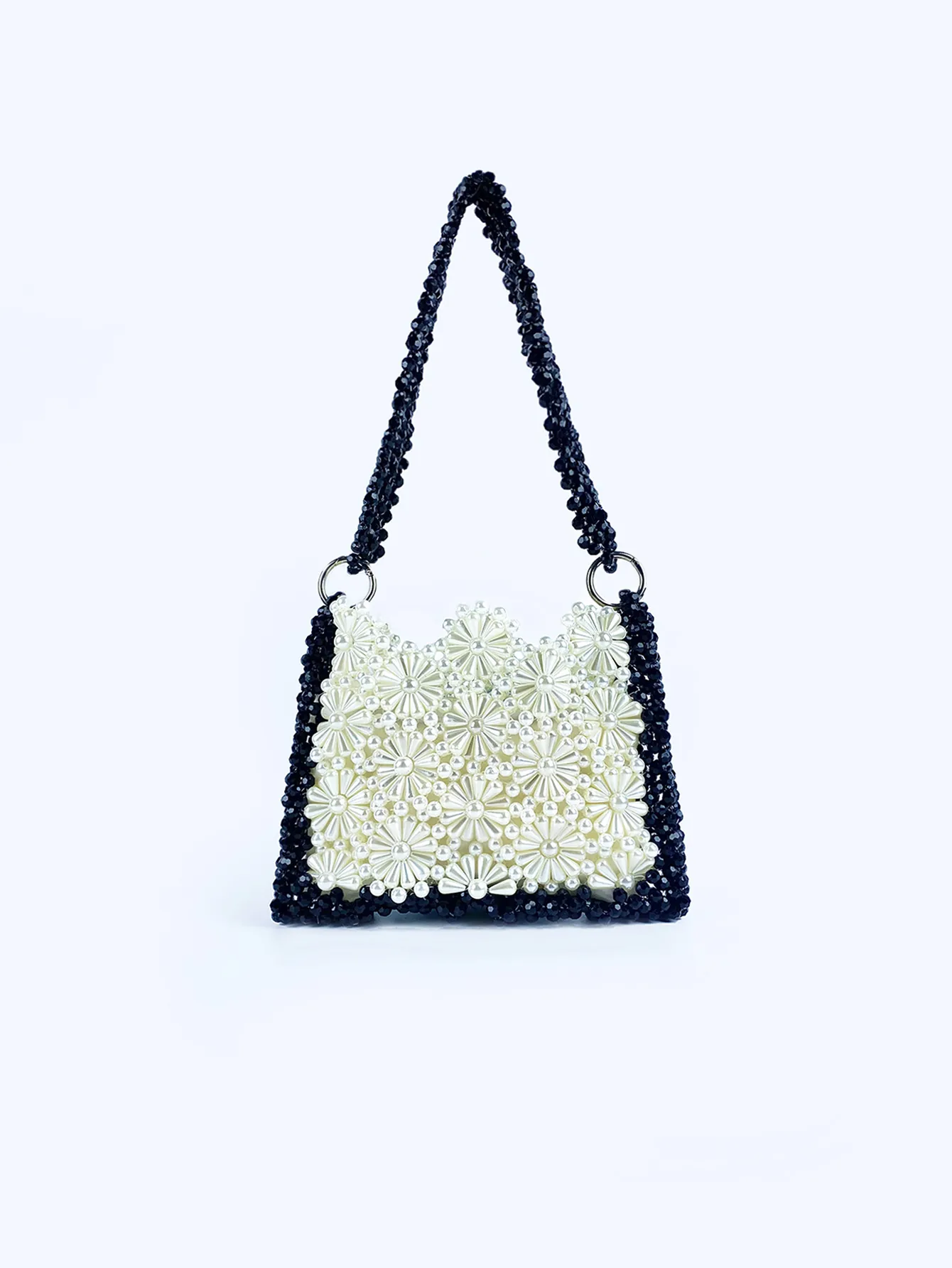 Borsa a Spalla con Fiori di Perline Fatta a Mano per Donna Motivo a Margherita Bianco e Nero Borsa a Sottobraccio Piccola