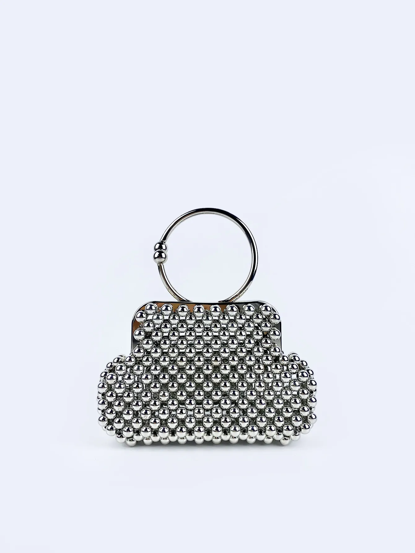 Silver Beaded Evening Handbag With Metal Ring Handle Shell Shaped Handmade Elegant Clutch For Women Fashion