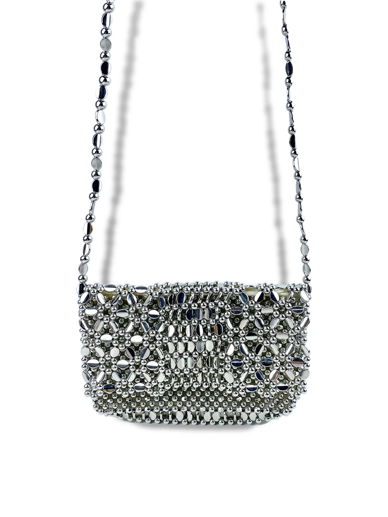 Handmade Woven Beaded Flower Crossbody Bag Silver Metallic Look Hollow Out Small Shoulder Bag For Party Fashion Women Bag
