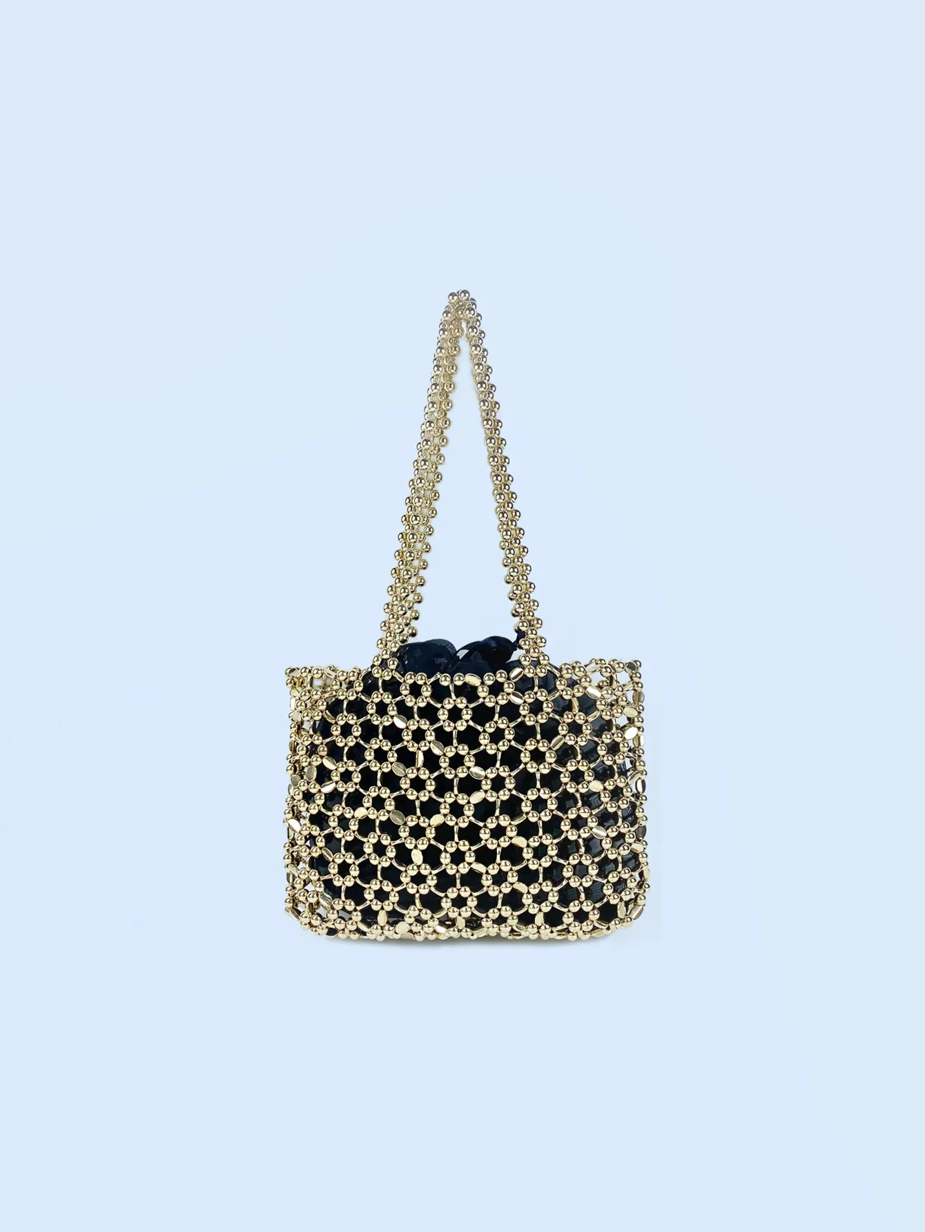 Gold Beaded Shoulder Bag Handmade Hollow Out Mesh Metallic Texture Underarm Tote For Women Casual Party Evening